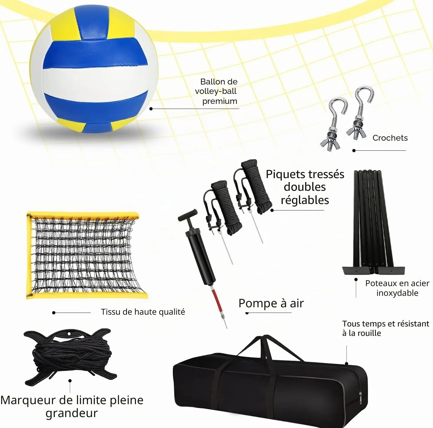Kit de filet de volleyball professionnel réglable 9,5 m, poteaux en acier, marquage terrain, volley-ball, sac de transport pour plage jardin