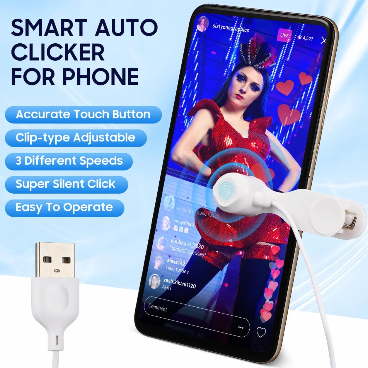 jojofuny Clicker d'écran automatique pour téléphone : clicker d'écran USB pour téléphone portable pour diffusion en direct – Applicateur automatique universel de clic de doigt pour les jeux, le