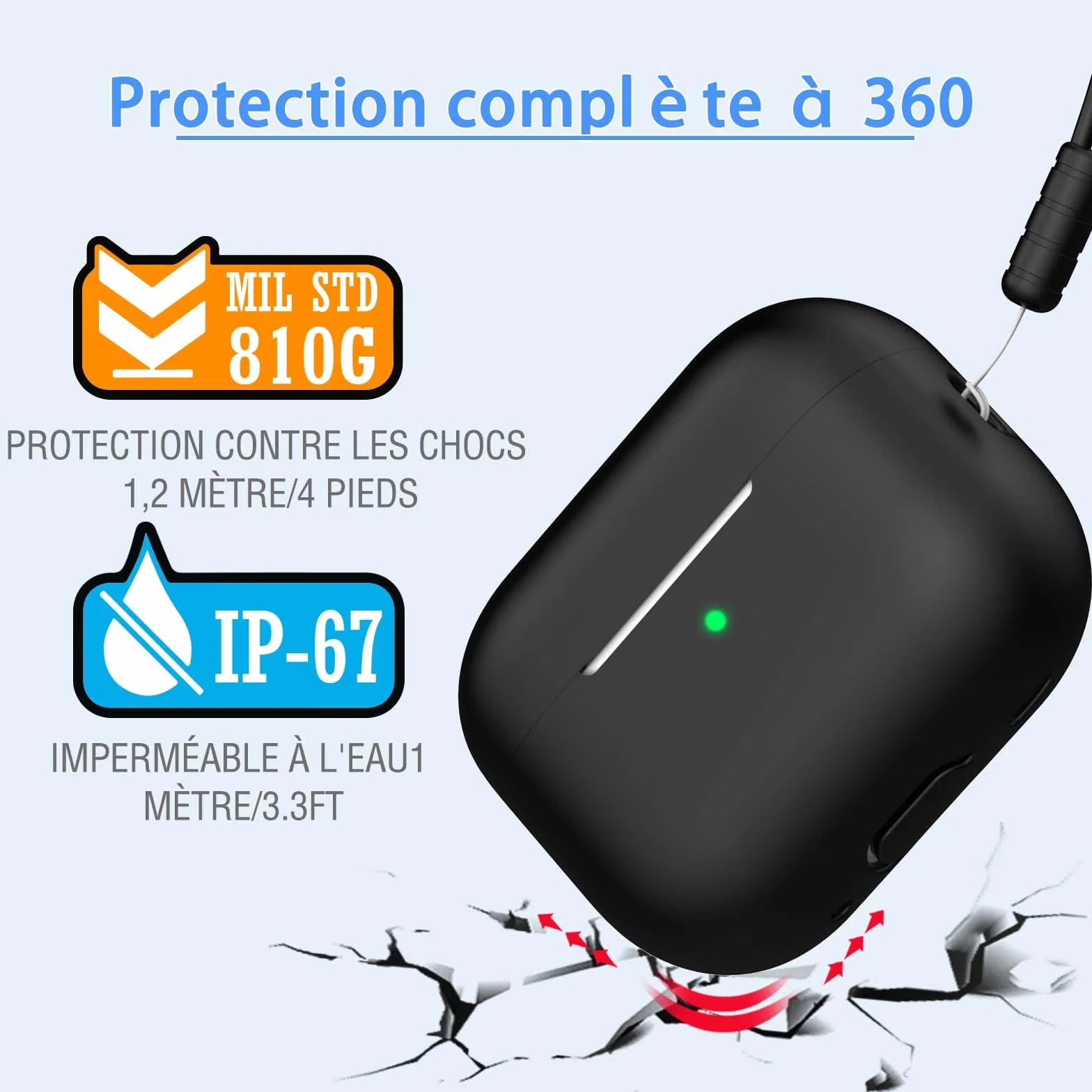Coque pour AirPods Pro 2e génération Silicone Anti-Chute Noir avec Porte-clés