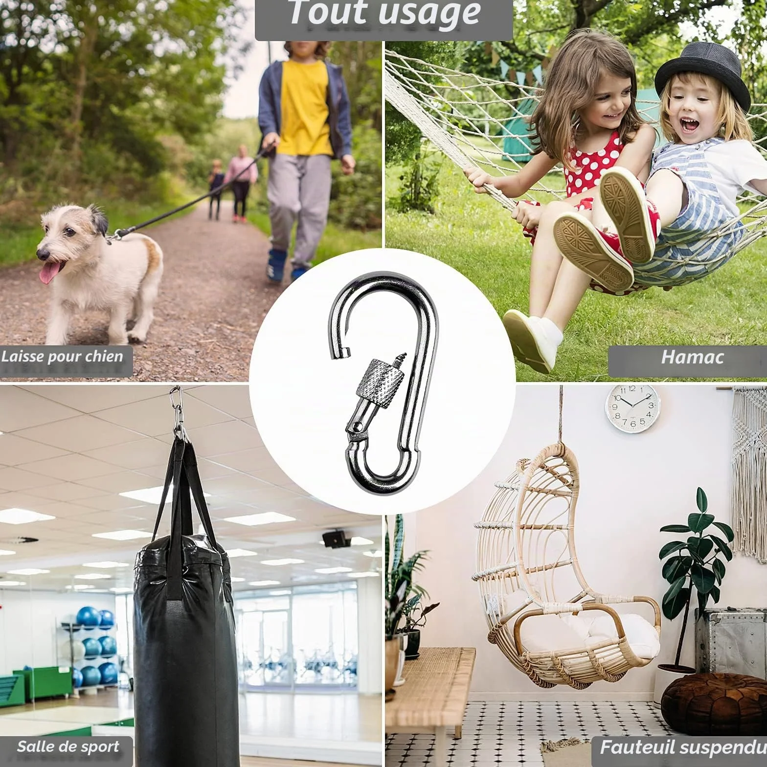 Lot de 4 Mousquetons M6 Acier Inoxydable 135 kg, Mousqueton à Vis pour Camping Clés Extérieur