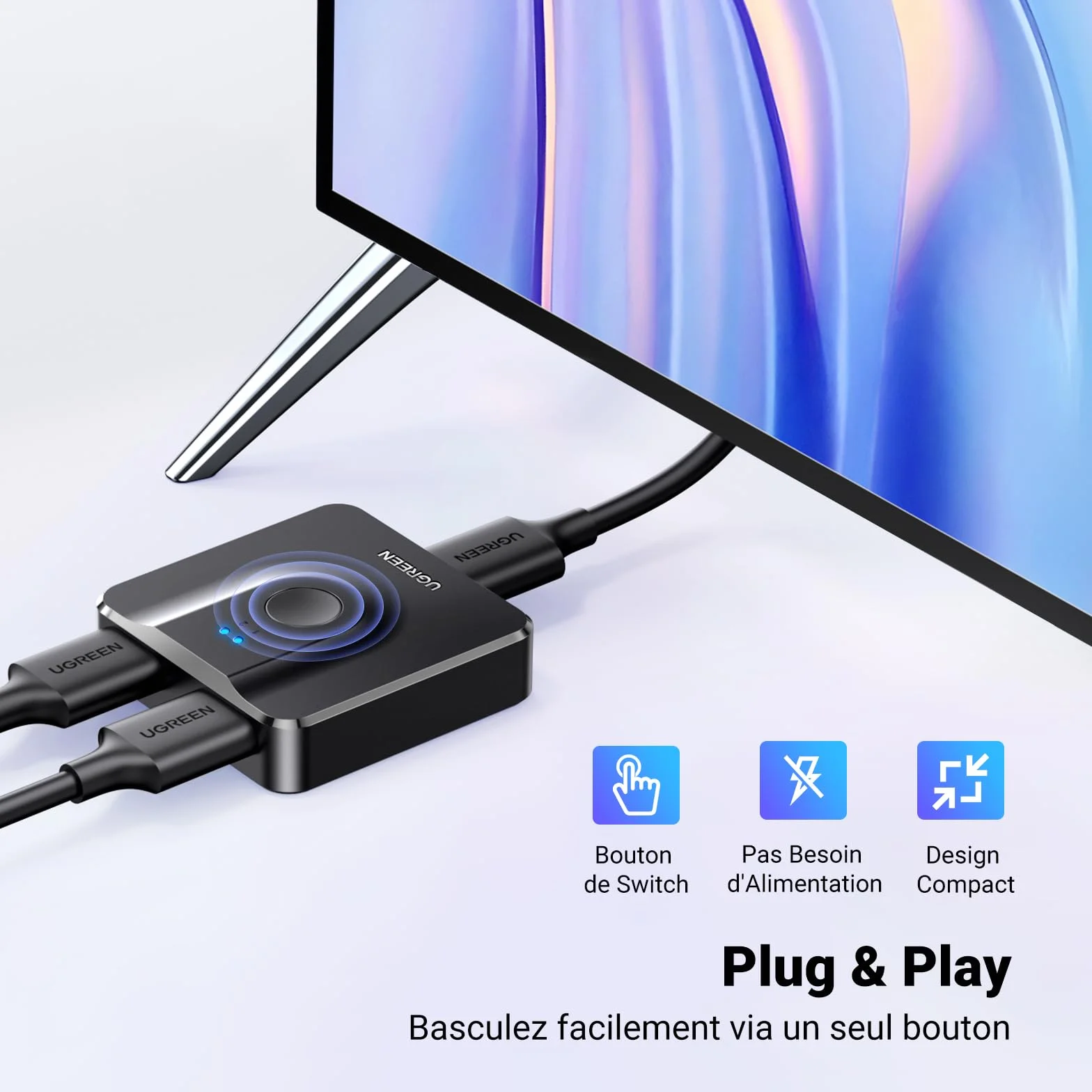 UGREEN Commutateur HDMI 4K 60Hz 2 Entrées 1 Sortie HDR CEC Dolby Atmos Compatible PC PS5 Xbox Noir