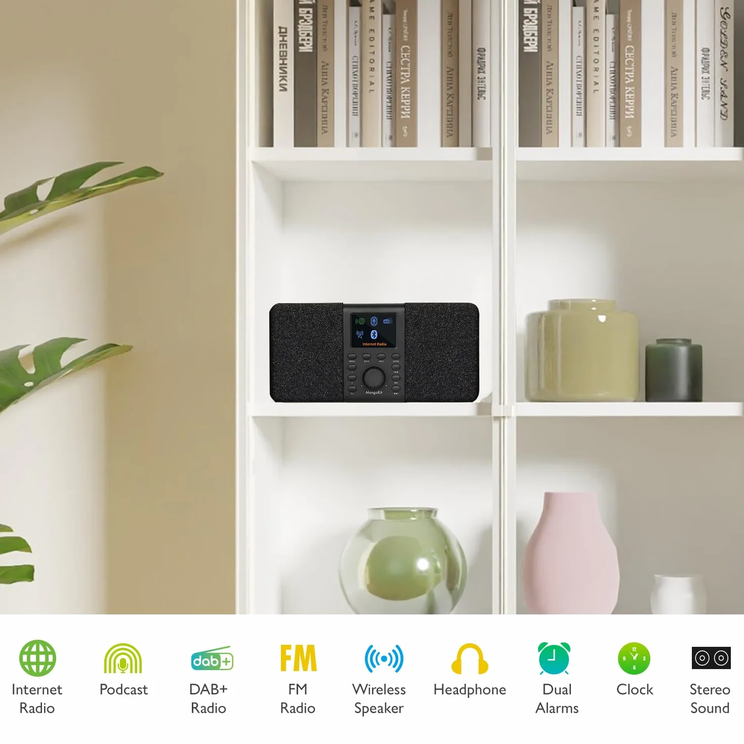 SR20 Radio Internet Stéréo avec Radio Numérique Dab/Dab+,WiFi avec Lecteur de Podcasts,Intelligente avec Bluetooth,FM,de Cuisine Secteur et Batterie,écran Couleur,Alarmes Doubles-Noir