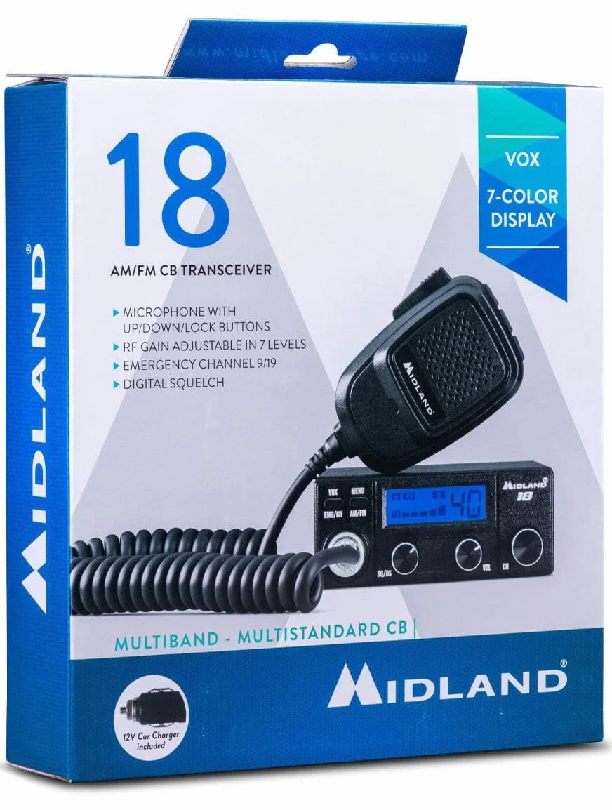 Midland 18 Ricetransmetteur CB Véhiculaire St conçu pour Offrir des Performances supérieures dans Un Format Plus Petit et Pratique, sans compromettre la qualité et Les fonctionnalités Premium.