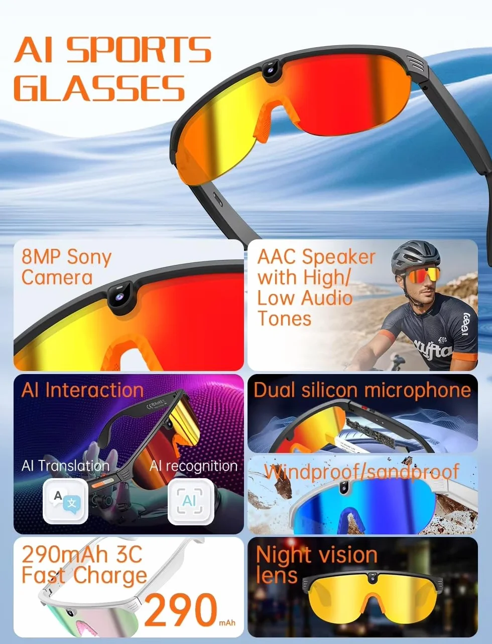 Générique 2026 Lunettes Smartglasses AI Caméra Full HD 290mAh Haute AutonomieProtection UV, Bluetooth, Musique, Traduction