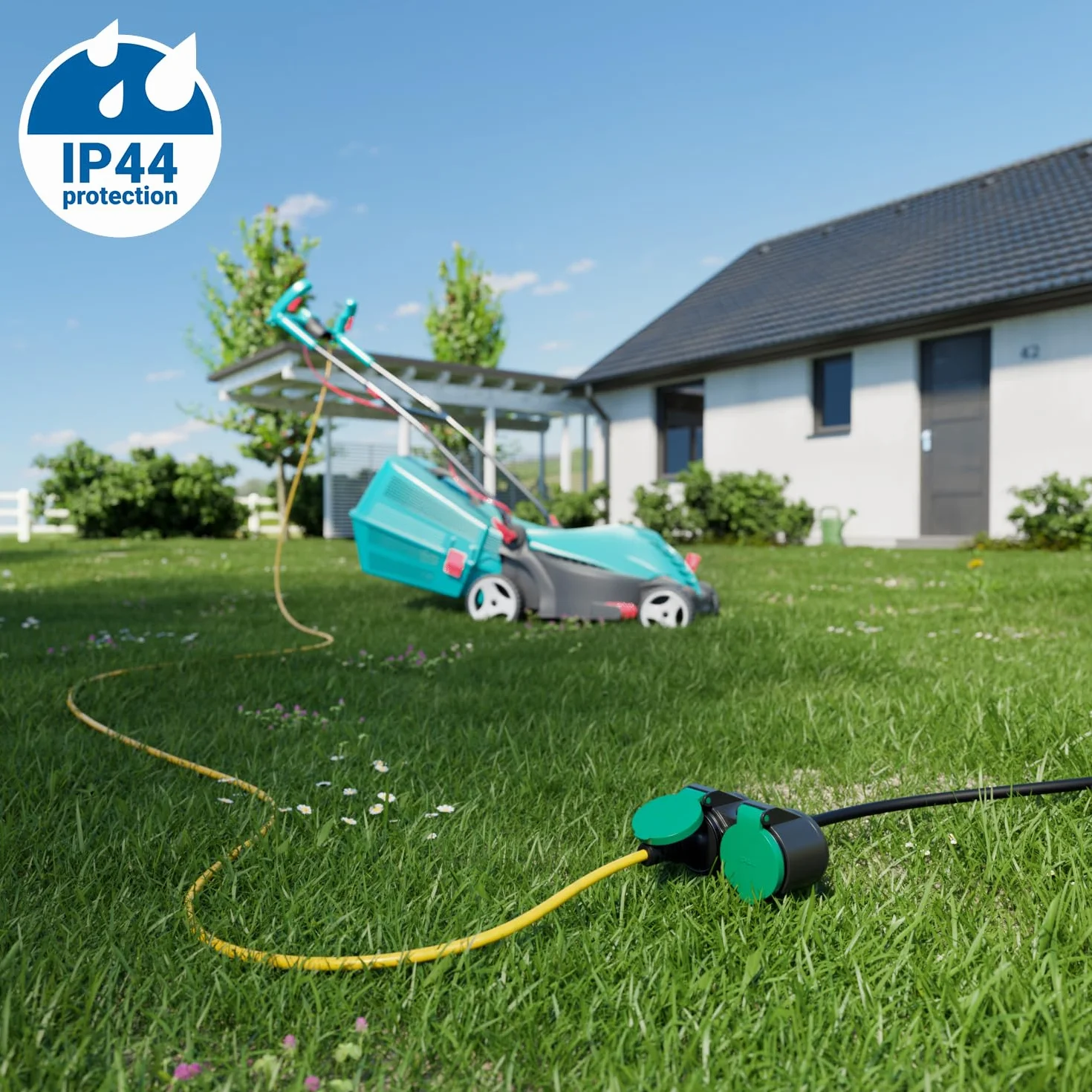 deleyCON 2m Câble Rallonge Extérieur Électrique IP44 (H07RN-F 3G1.5mm²) Câble D’Alimentation en Caoutchouc Résistant aux Intempéries - Fiche avec Contact de Protection vers 2 Prises - Noir