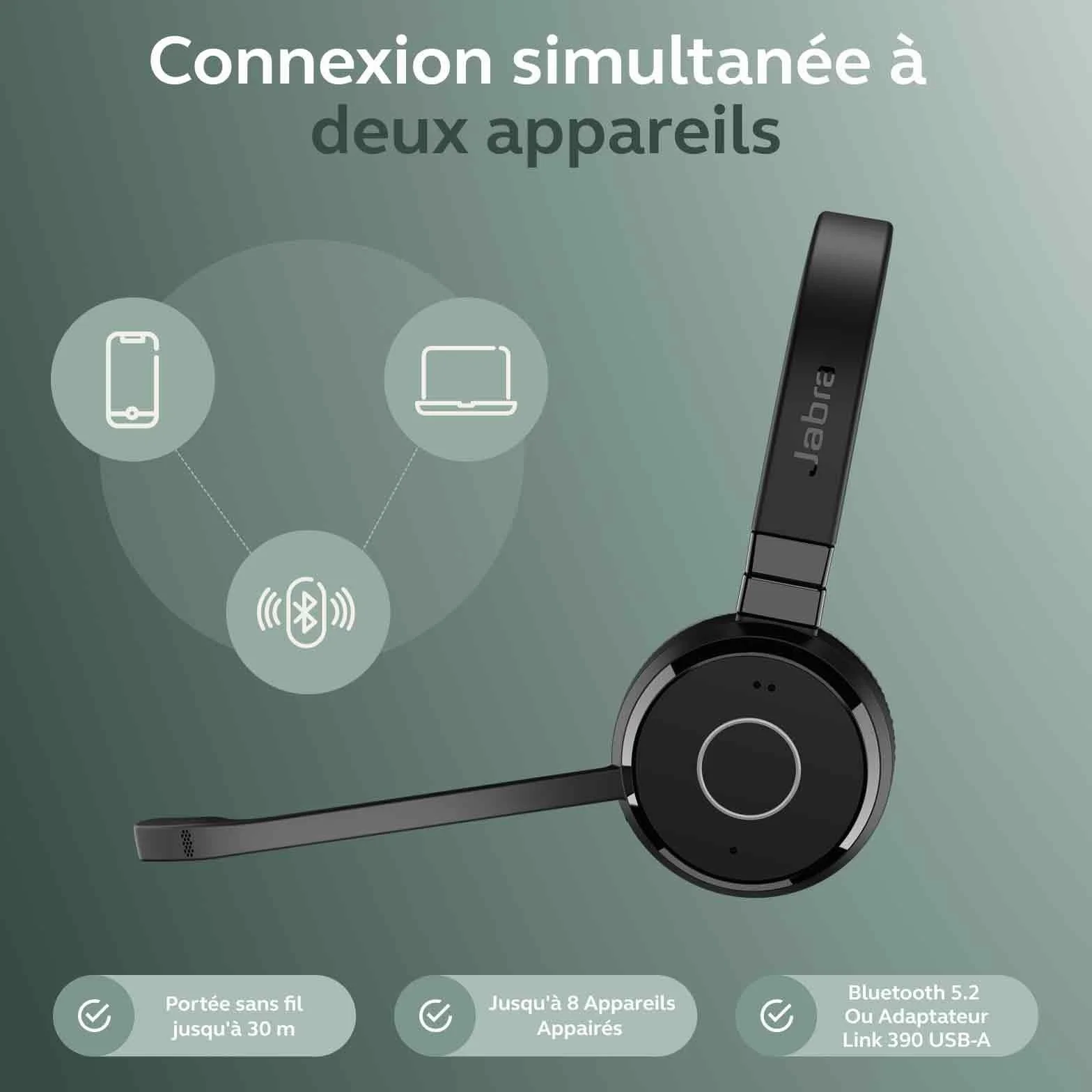 Jabra Evolve 65 Te (3e édition 2025) Micro-Casque Mono Bluetooth sans Fil, se connecte à 2 appareils, 16 h d’autonomie, Micro antibruit, Adaptateur USB-A, Fonctionne avec Les applis de réunion, Noir
