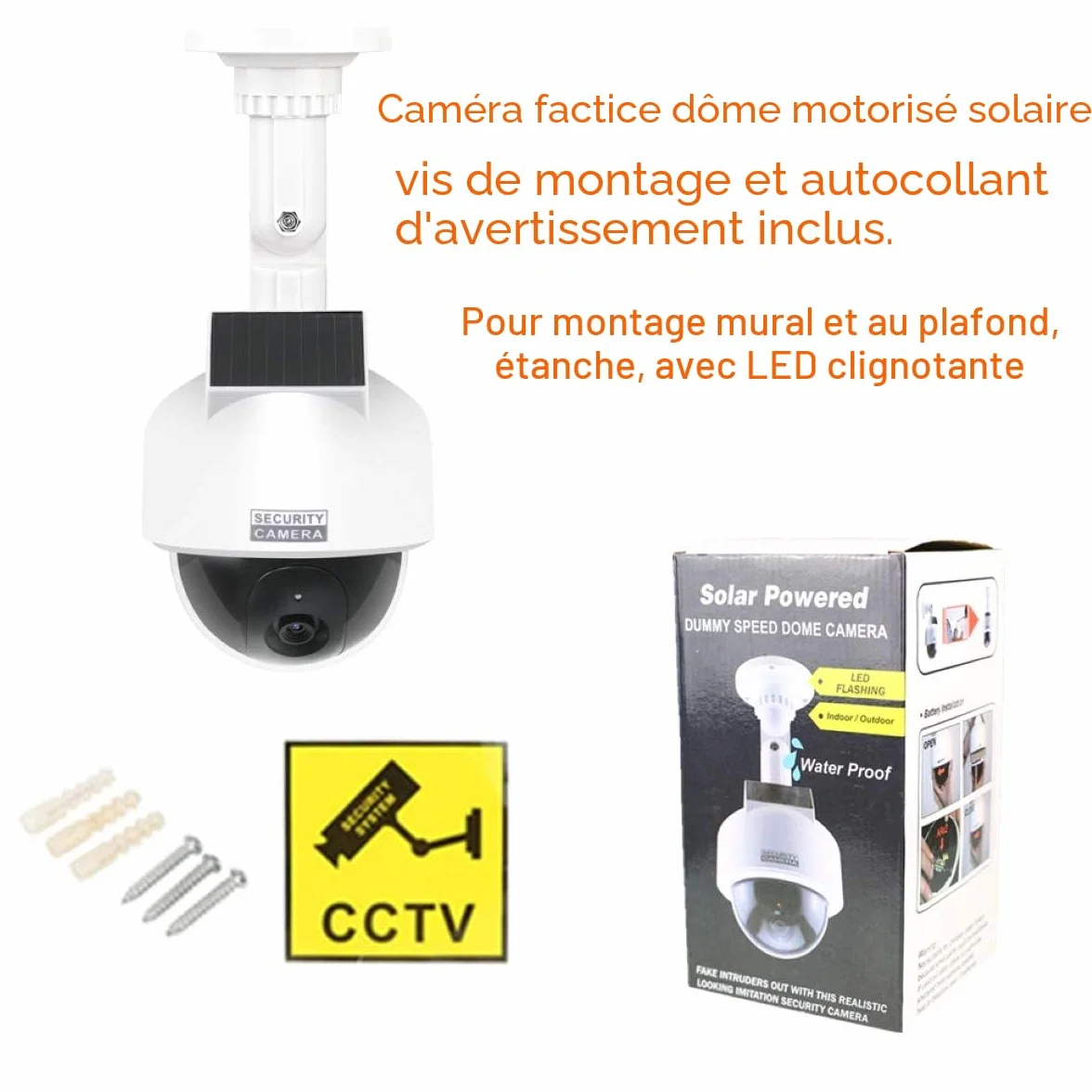 O&W Security Caméra de Surveillance Solaire Professionnelle Speed Dome Dummy Fake factice - Caméra de Surveillance d'extérieur - avec Objectif et lumière LED Rouge - Surveillance des Marchandises