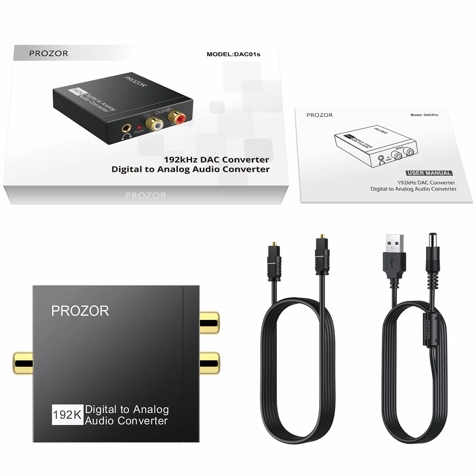 PROZOR Convertisseur DAC Audio 192kHz Optique Coaxiale vers RCA 3.5mm