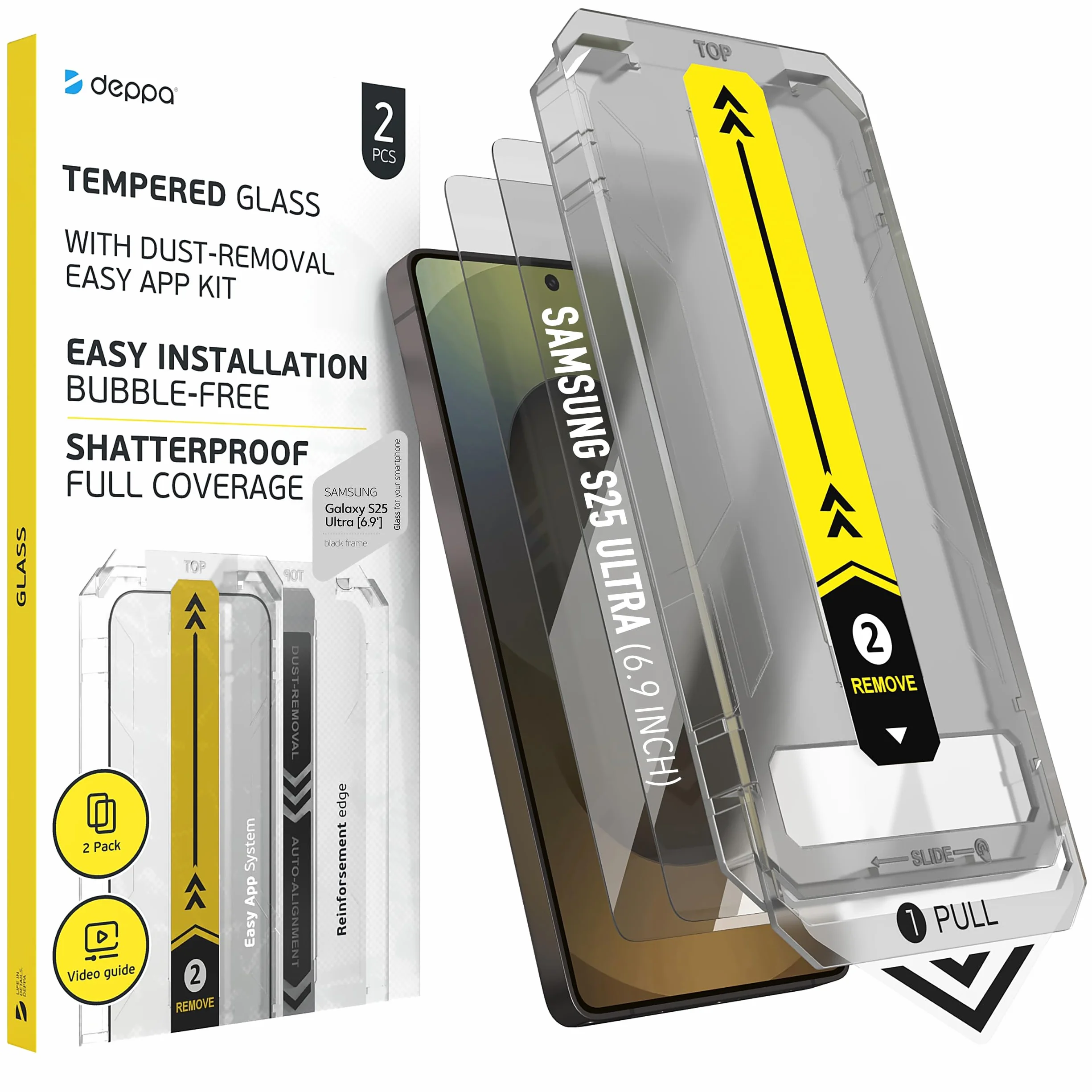 Deppa | Lot de 2 | pour Samsung S25 Ultra (6.9') Verre Trempé avec Kit de pose facile | Anti-Poussière & Anti-Bulles | Résistant aux Chocs | Couverture Complète |