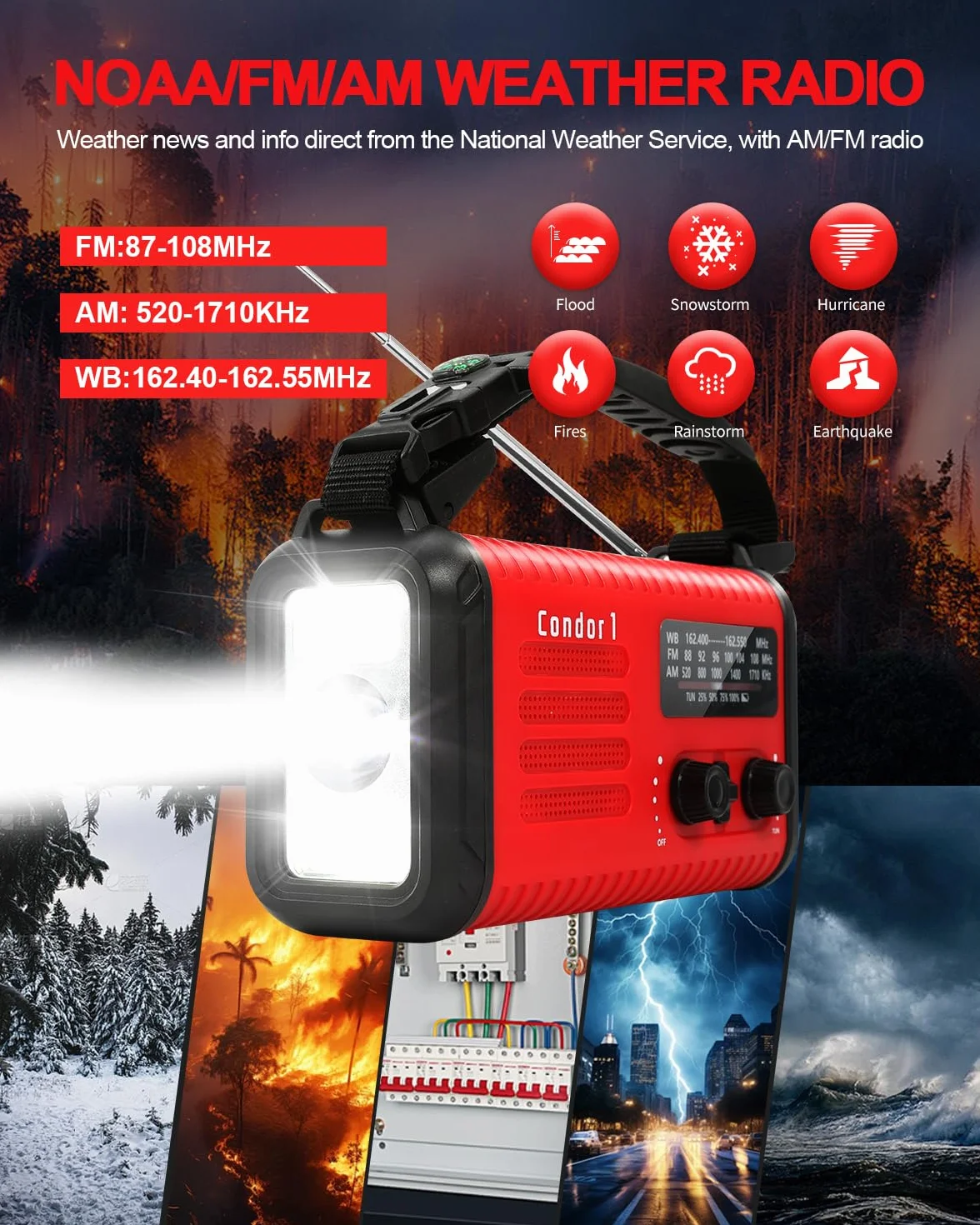 Radio à manivelle d'urgence 20 000 mAh 74 000 mWh NOAA AM FM solaire avec chargeur téléphone lampe de poche