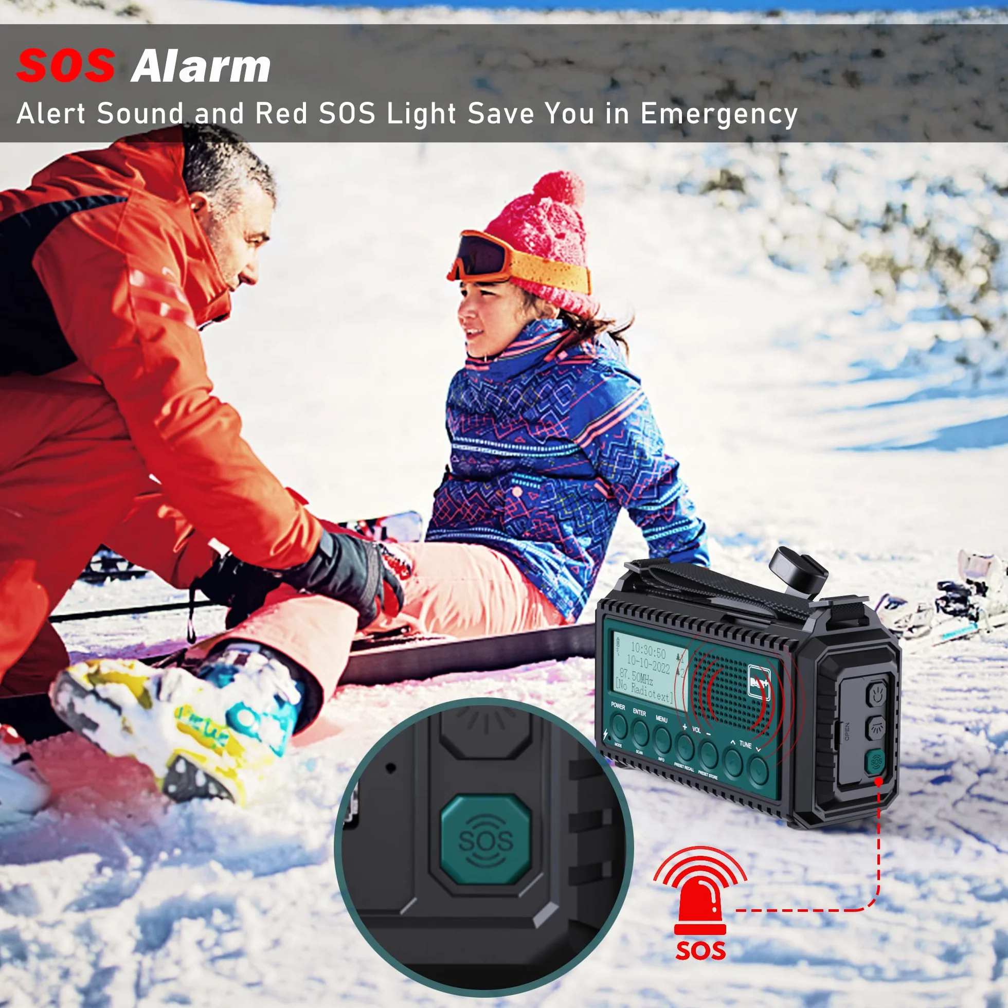 Radio à Manivelle Dab+/Dab/FM avec Batterie Rechargeable 5000mAh, Lampe de Poche, Camping Portable, Charge USB, Dynamo SOS
