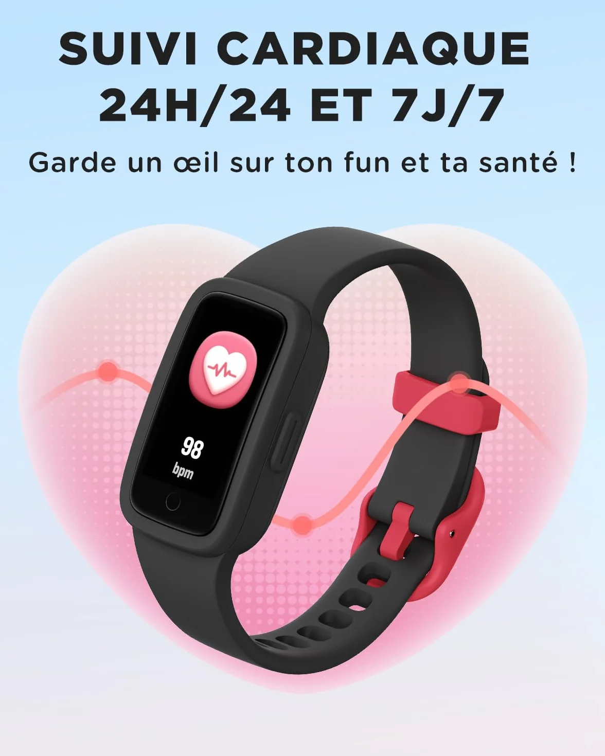 BIGGERFIVE Vigor 3 Montre Connectée Enfant Tracker d'Activité Écran AMOLED Étanche 3ATM Moniteur Fréquence Cardiaque Sommeil Noir