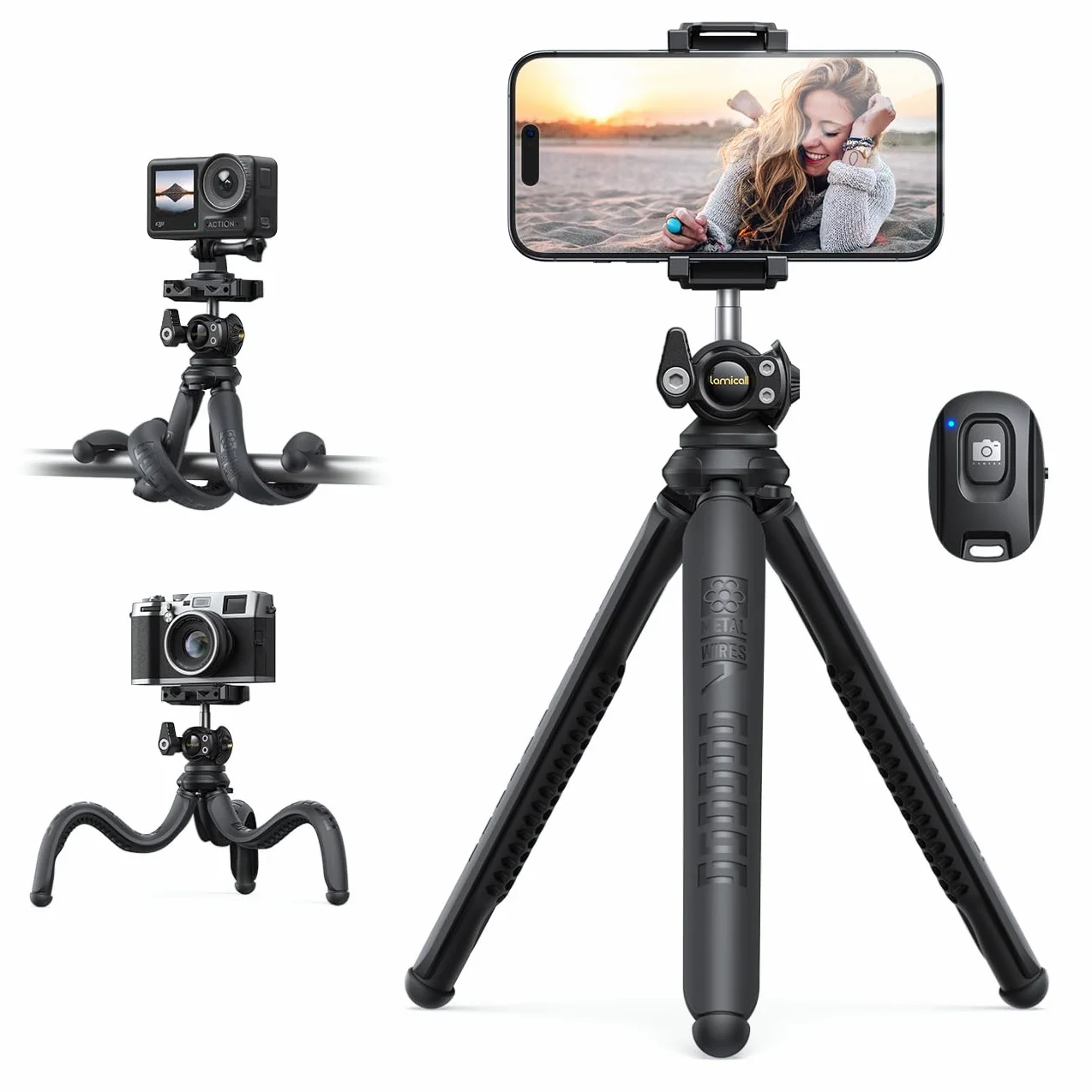 Lamicall Trépied pour Téléphone - [3 en 1] Mini Trépied Flexible Smartphone Portable avec Télécommande Sans Fil, 360° Rotation, Mini Trépied Portable avec Vis 1/4'' pour iPhone/Android/GoPro/Caméra