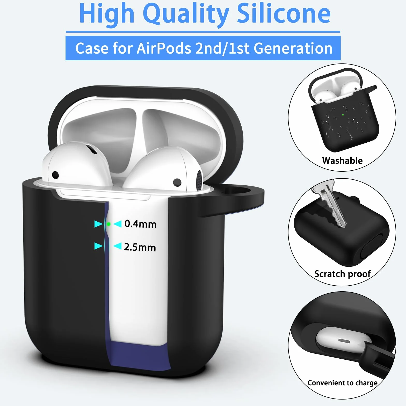 Coque de Protection Silicone Souple pour Airpods 1ère/2ème Génération (2016/2019) avec LED Visible - Noir