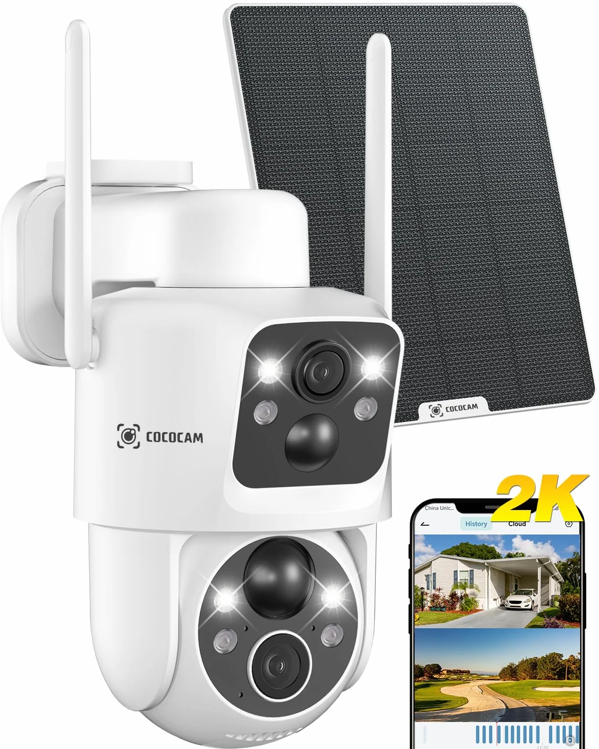 COCOCAM 2K Camera Surveillance WiFi Exterieure sans Fil, Double Objectif Double PIR, Batterie 10000mAh, 6W Panneau Solaire, 355°P 90°T, Vision Nocturne Couleur