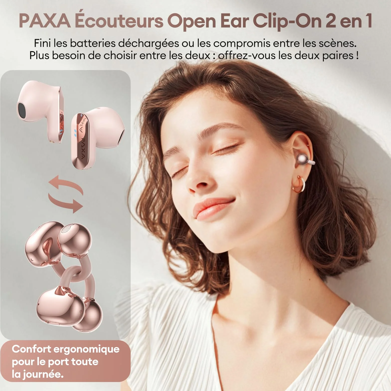 PAXA Double Casque 2-en-1 Clip Open-Ear Écouteurs Bluetooth sans Fil, Bluetooth 6.0-0 Délai, 140H Autonomie, Reconnaissance L/R Automatique, Réduction Bruit Hybride Travail/Sport/Quotidien, Or Rose