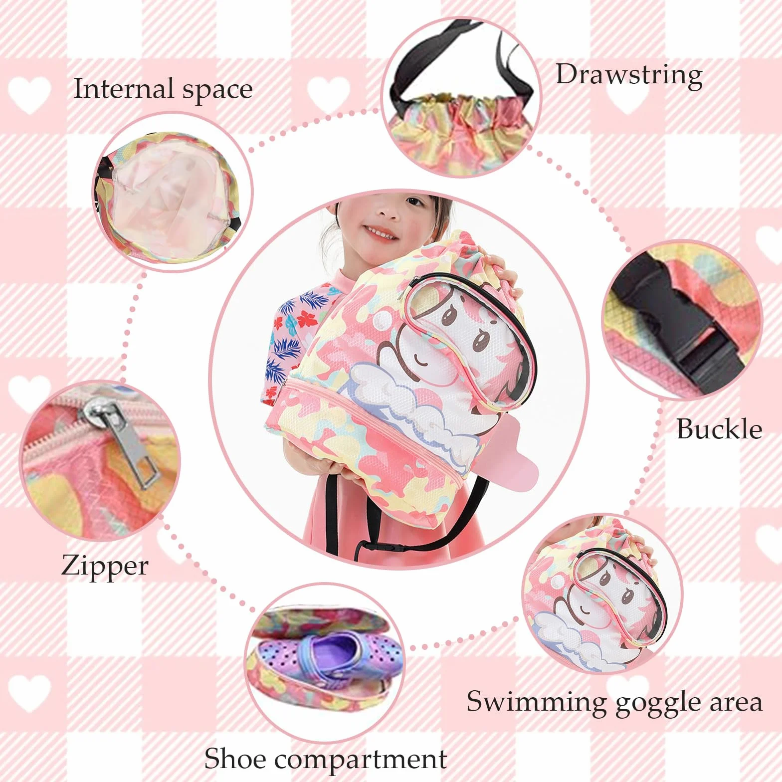 Sac Piscine Enfant avec Cordon, Séparation Sèche et Humide, Sac de Sport Réglable Rose