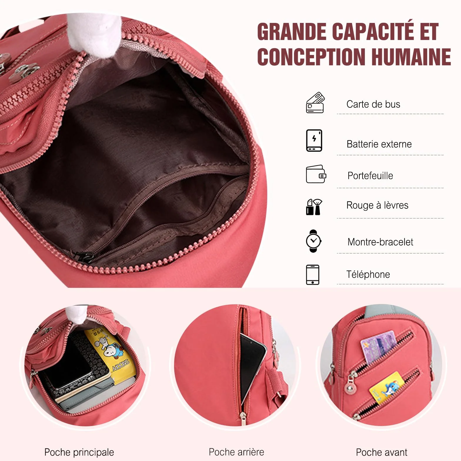 FANDARE Sac à poitrine Femme Bandoulière Sacoche traversante avec trou pour écouteurs Sac messager Outdoor