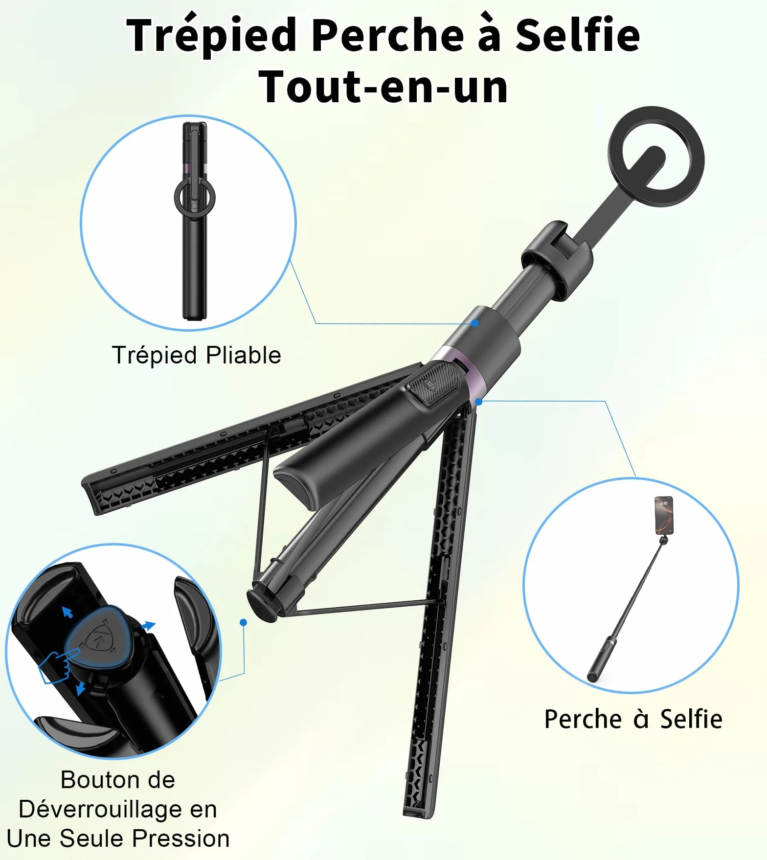 TONEOF 173cm Perche Selfie Magnétique Trépied,Fixations en Aluminium pour Magsafe, Rotatif à 360°,Trépied Voyage Rétractable avec Anneau Métallique&Télécommande,Têtes de Trépieds pour Téléphones-Noir