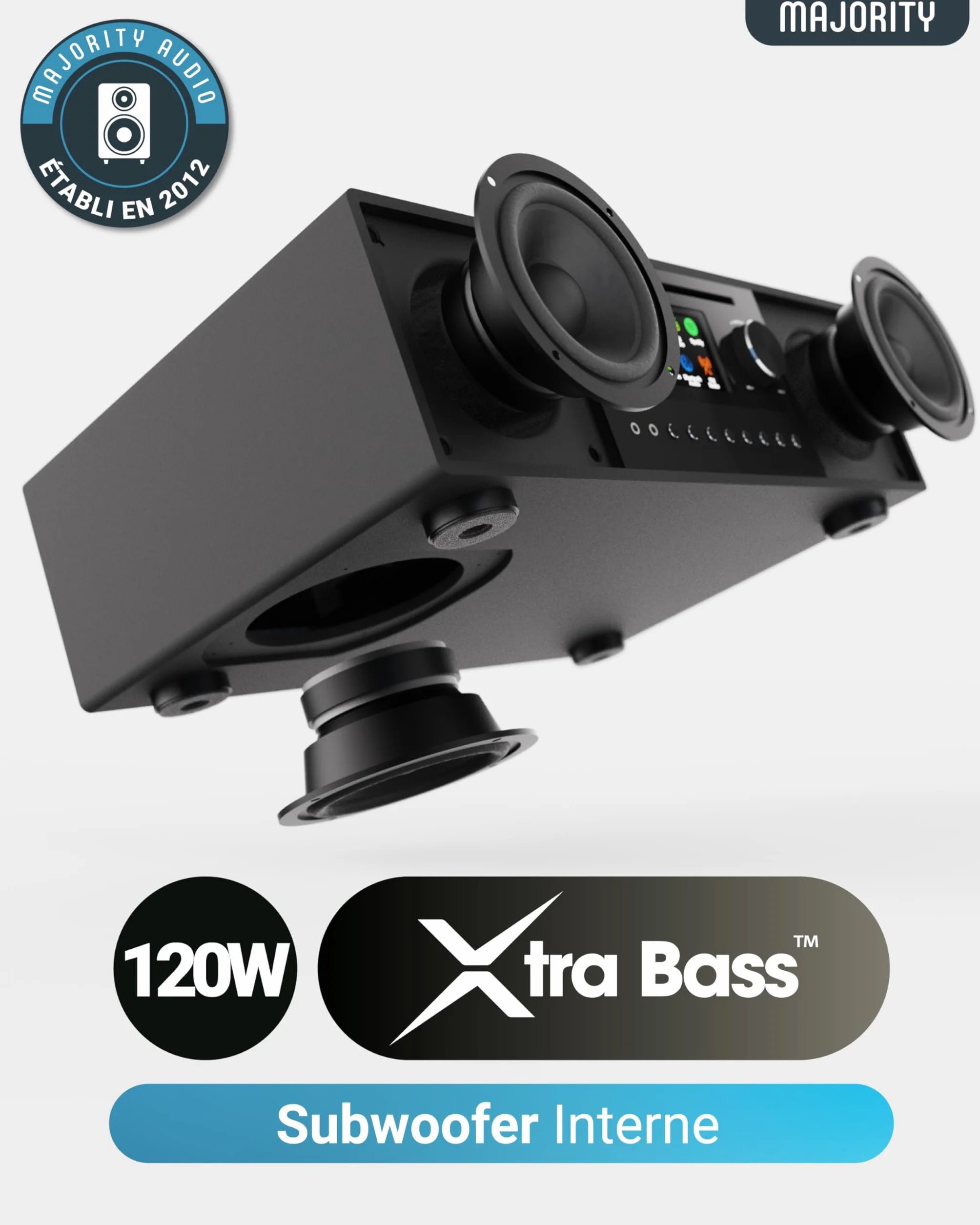 Radio Internet, Lecteur CD, Radio FM Dab+ et Caisson de Basses Puissant | Système Stéréo 2.1 120W | Bluetooth Activé | Spotify Connect et Podcasts | MAJORITY Quadriga
