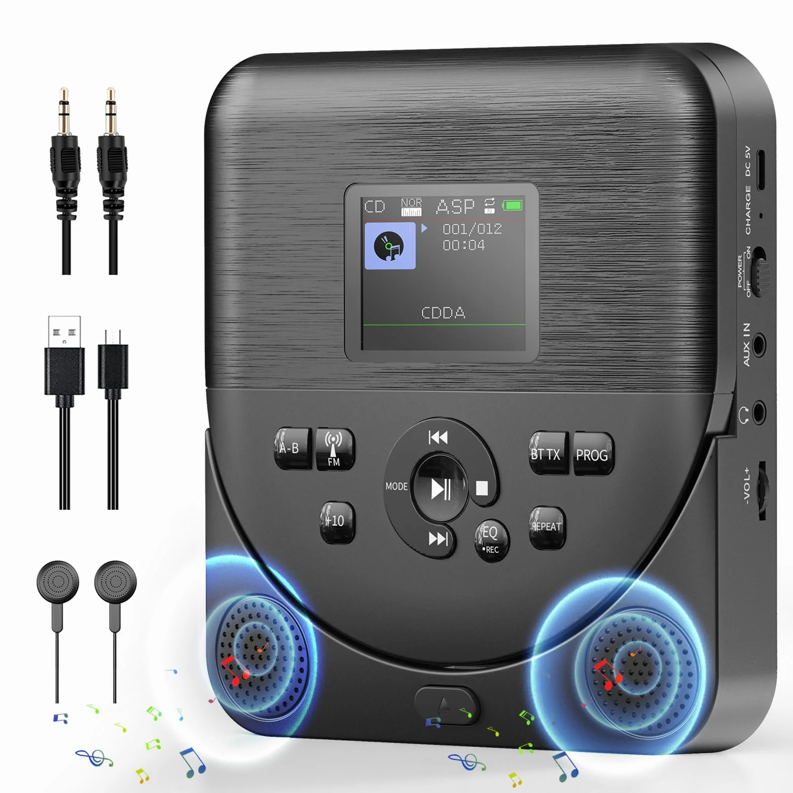 Lecteur CD Portable Bluetooth FELEMAN avec Haut-parleurs, Écran, Rechargeable, Émetteur FM, Noir