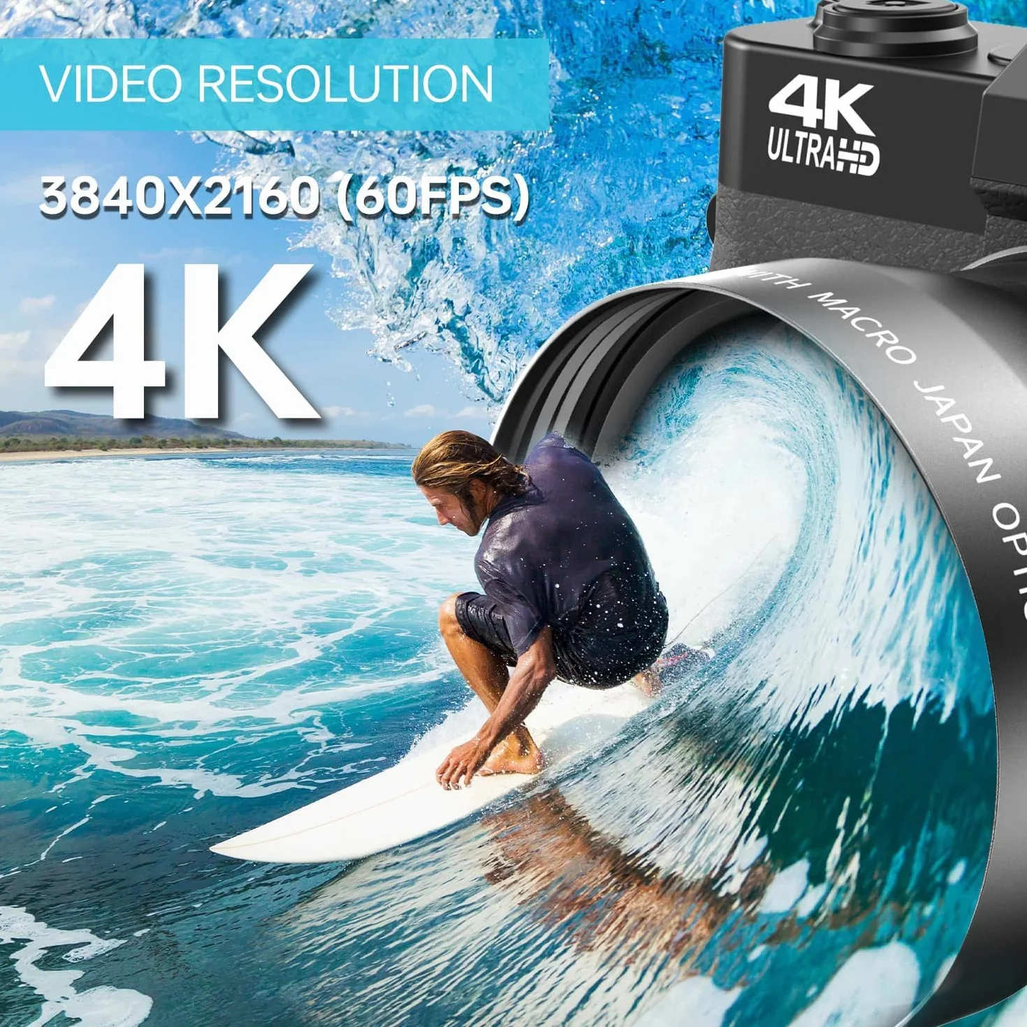 Appareil Photo Numérique 4K 56MP avec Objectif Grand Angle et Macro, Carte 32Go, Écran LCD 180°, Zoom Numérique 18X