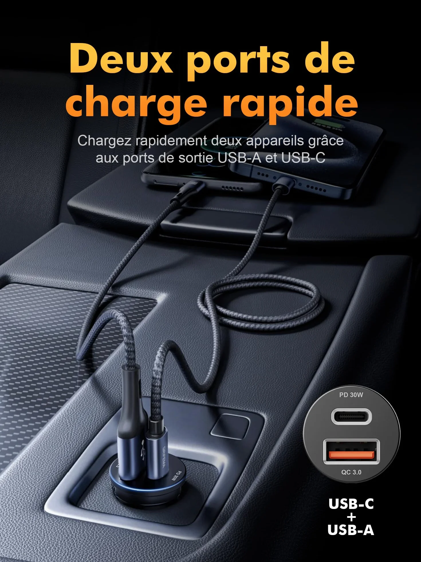 GRIFEMA Chargeur Allume Cigare USB C 30W, Chargeur Voiture Rapide Double Port avec USB-C PD 30W et USB-A QC 3.0 18W, Prise Allume Cigare 12V pour iPhone 16 15 14, Samsung, iPad–Boîtier en Aluminium
