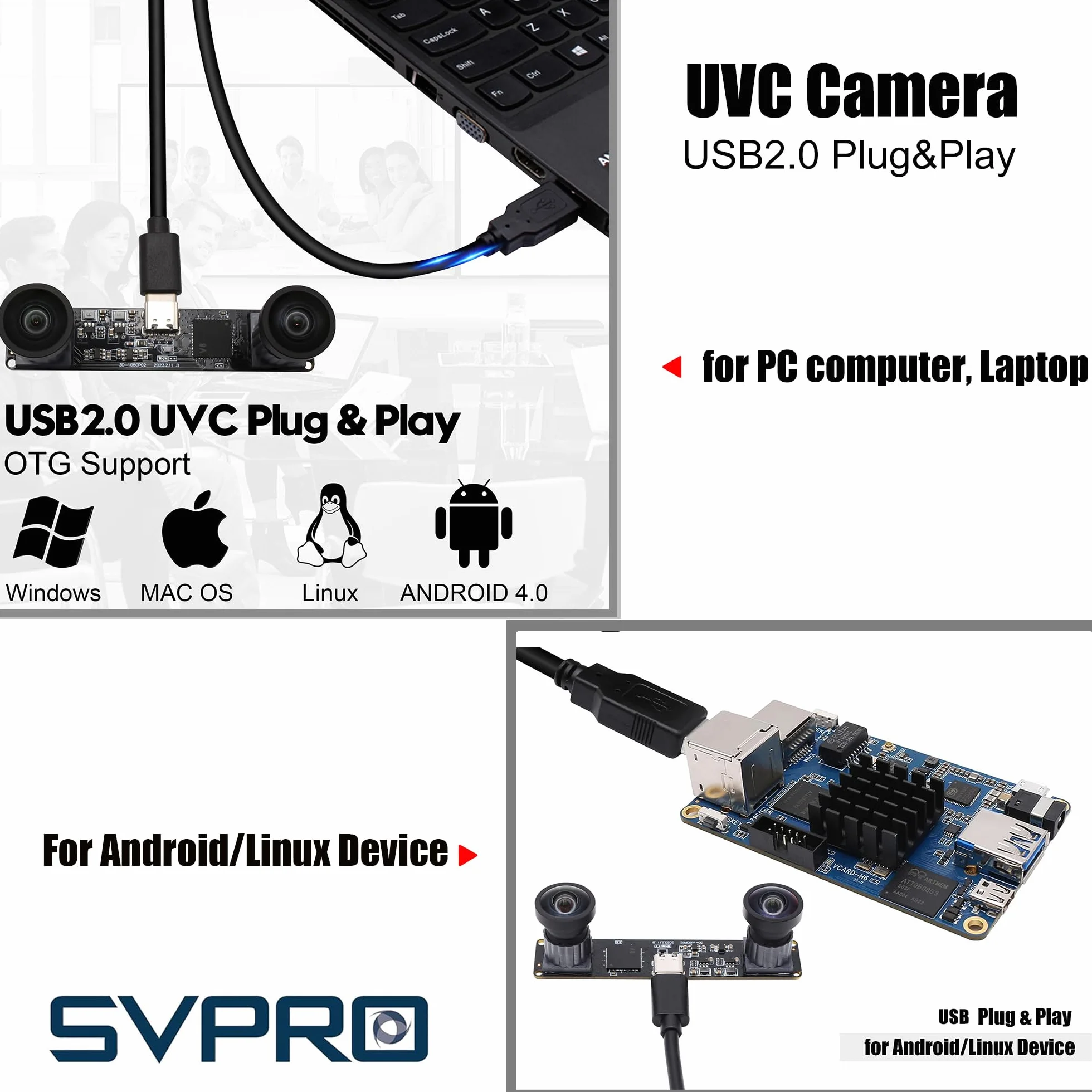 Svpro Module caméra USB Dual Lens 1080P 60fps UVC industriel carte de synchronisation d'enregistrement couleur avec double objectif M12, caméra grand angle sans distorsion pour 3D, VR,