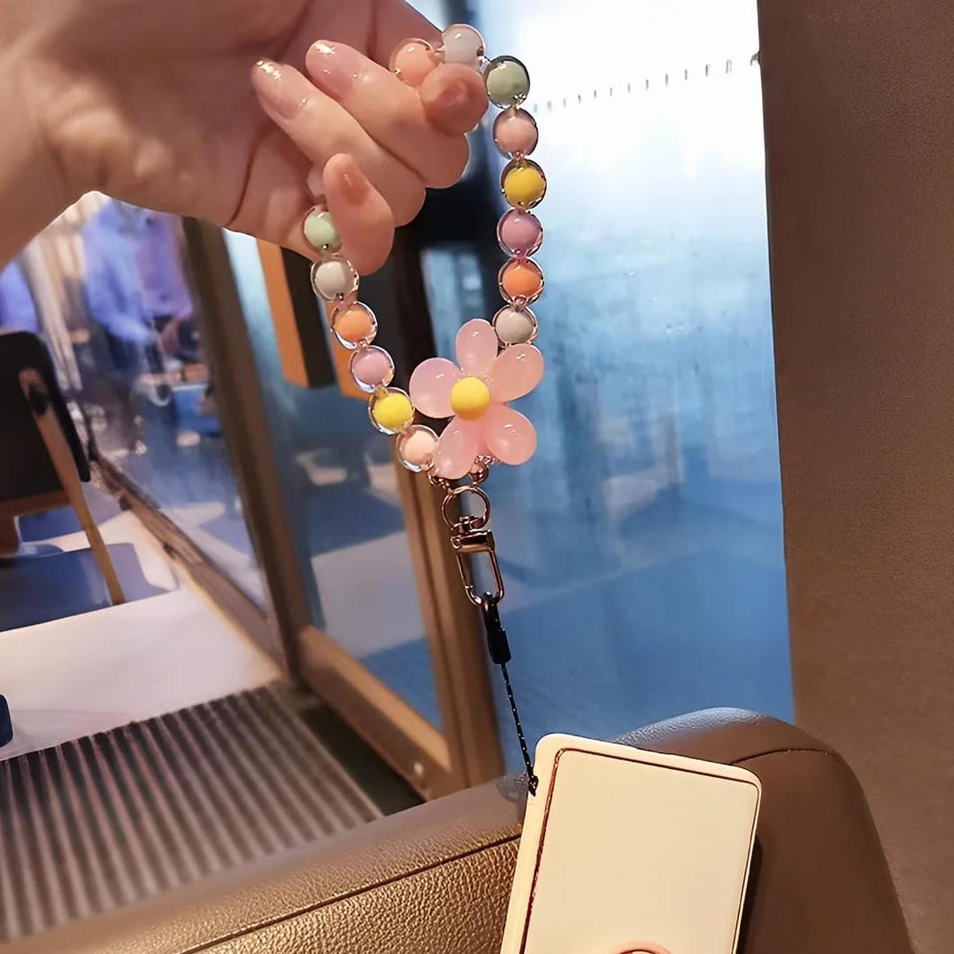 Chaîne de téléphone portable courte avec fleurs, bracelet porte-clés, lanière, perles pour téléphone portable, compatible avec tous les téléphones portables, cordon universel pour téléphone