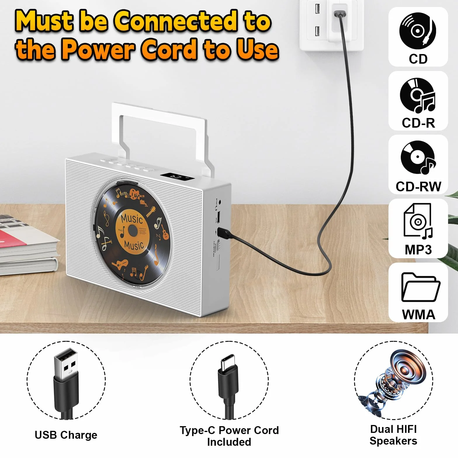 Lecteur CD Bluetooth Radio FM avec Poignée Haut-parleurs Télécommande AUX 3,5 mm Prise Casque USB Type-C Lecteur MP3
