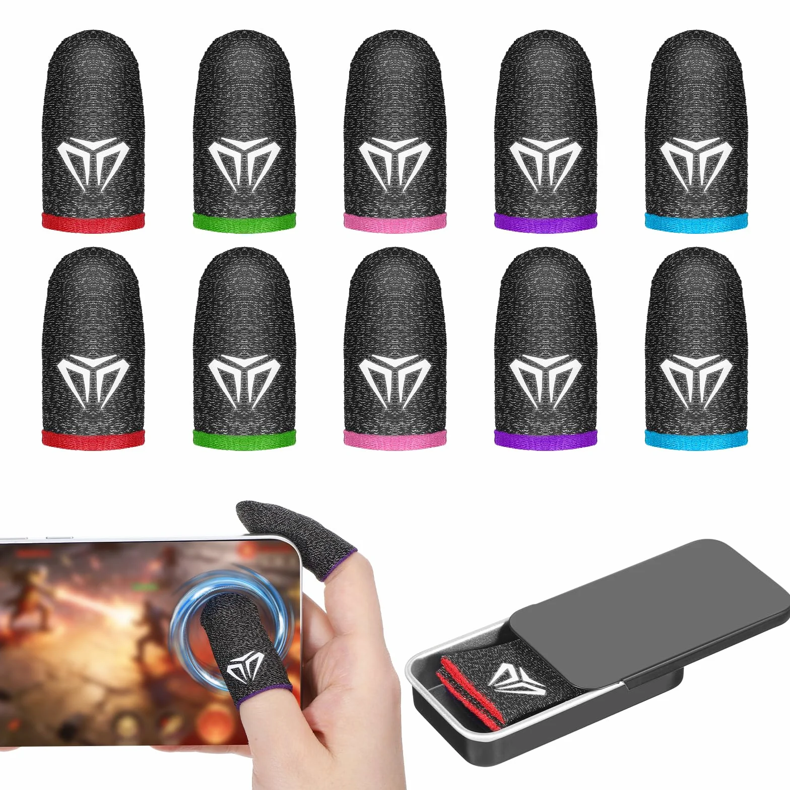 Qianyu Lot de 10 manchons de doigt de jeu mobiles avec étui, fibres argentées pour écran tactile pouce manchon de pouce soyeux anti-transpiration respirant protège-doigts gants adaptés à tous les jeux