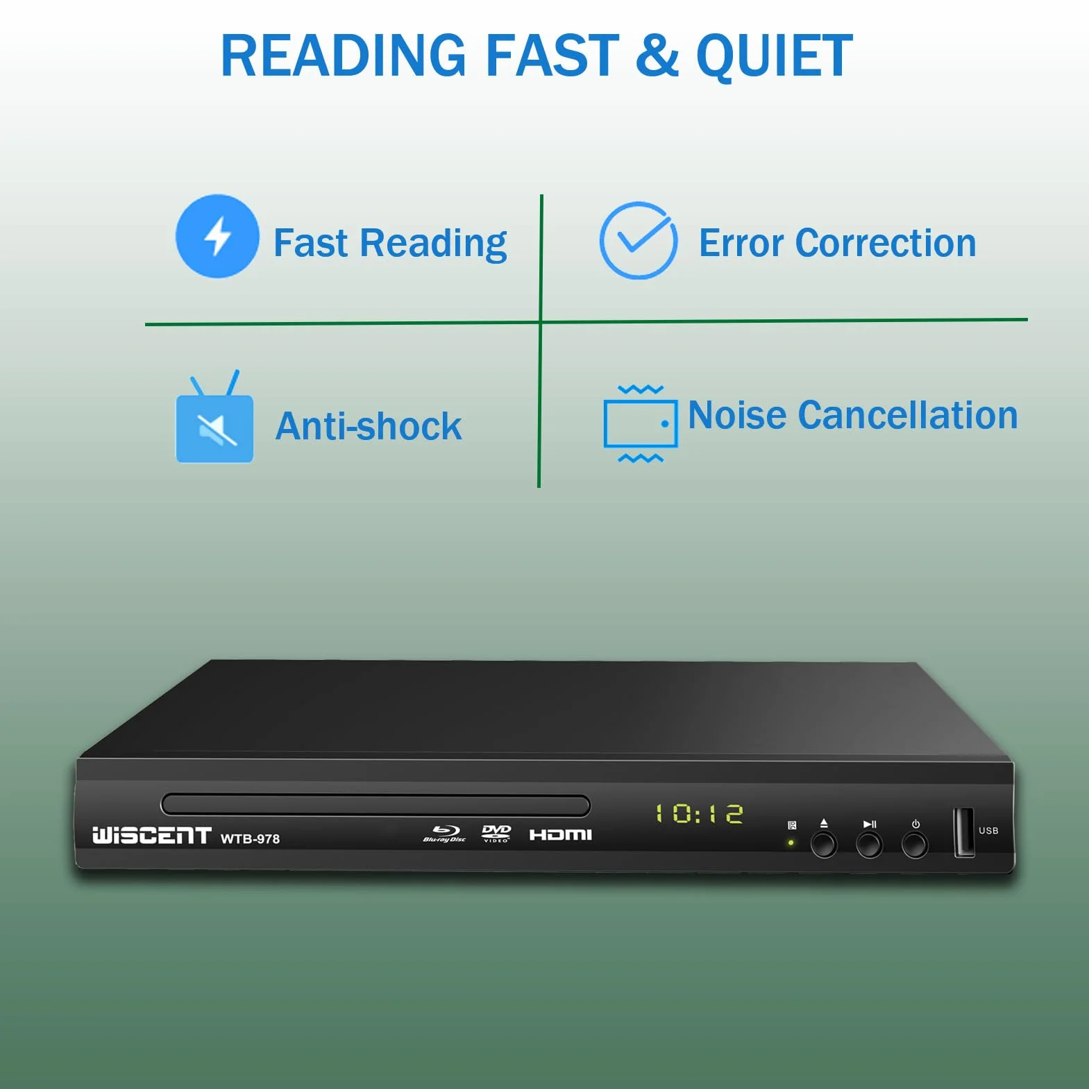 Lecteur Blu-Ray pour TV, Lecteur DVD WISCENT avec Sortie Coaxiale/HDMI/AV, entrée USB, Tous Les DVD etRégion B/2 Disques Blu-Ray, Compact Full HD, Lecteur Blu-Ray 1080p