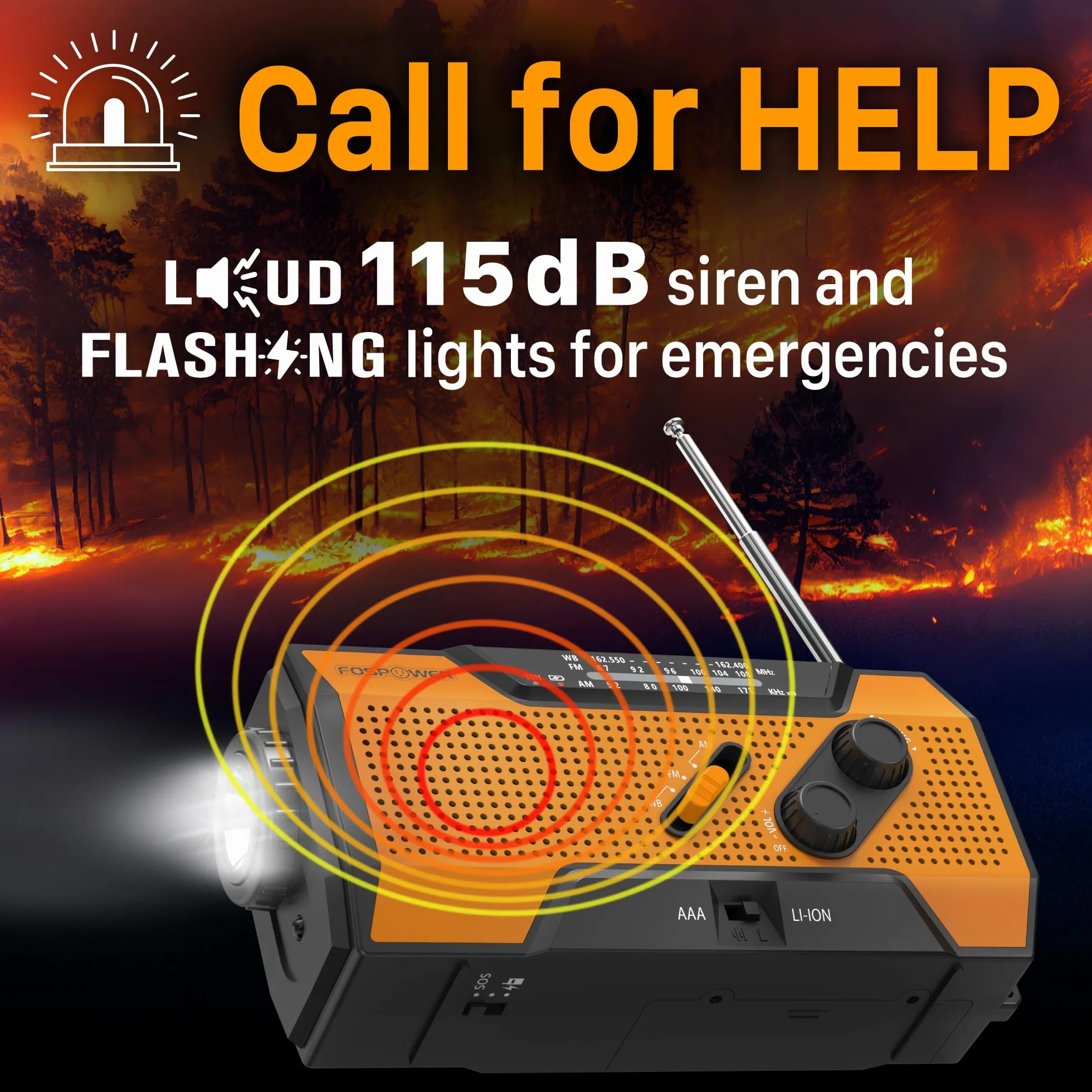 FosPower Radio Portable d'Urgence Météo 2000mAh Solaire Manivelle AM/FM Lampe LED SOS Recharge Téléphone