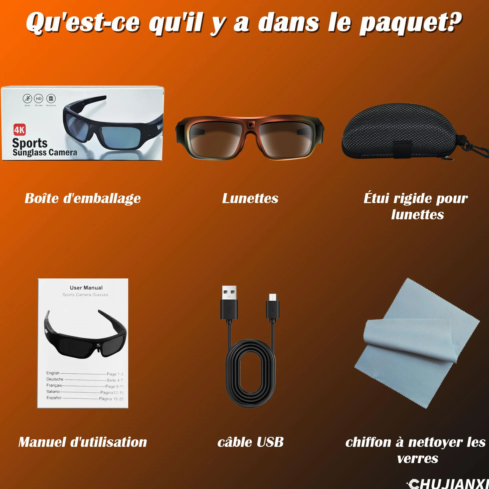 Lunettes avec Caméra 4K, Innovantes High-Tech Lunettes Camera de Sport pour l'extérieur, Lunettes de Soleil Vidéo avec Protection UV400, Support Photo/Vidéo, Opération à une Touche