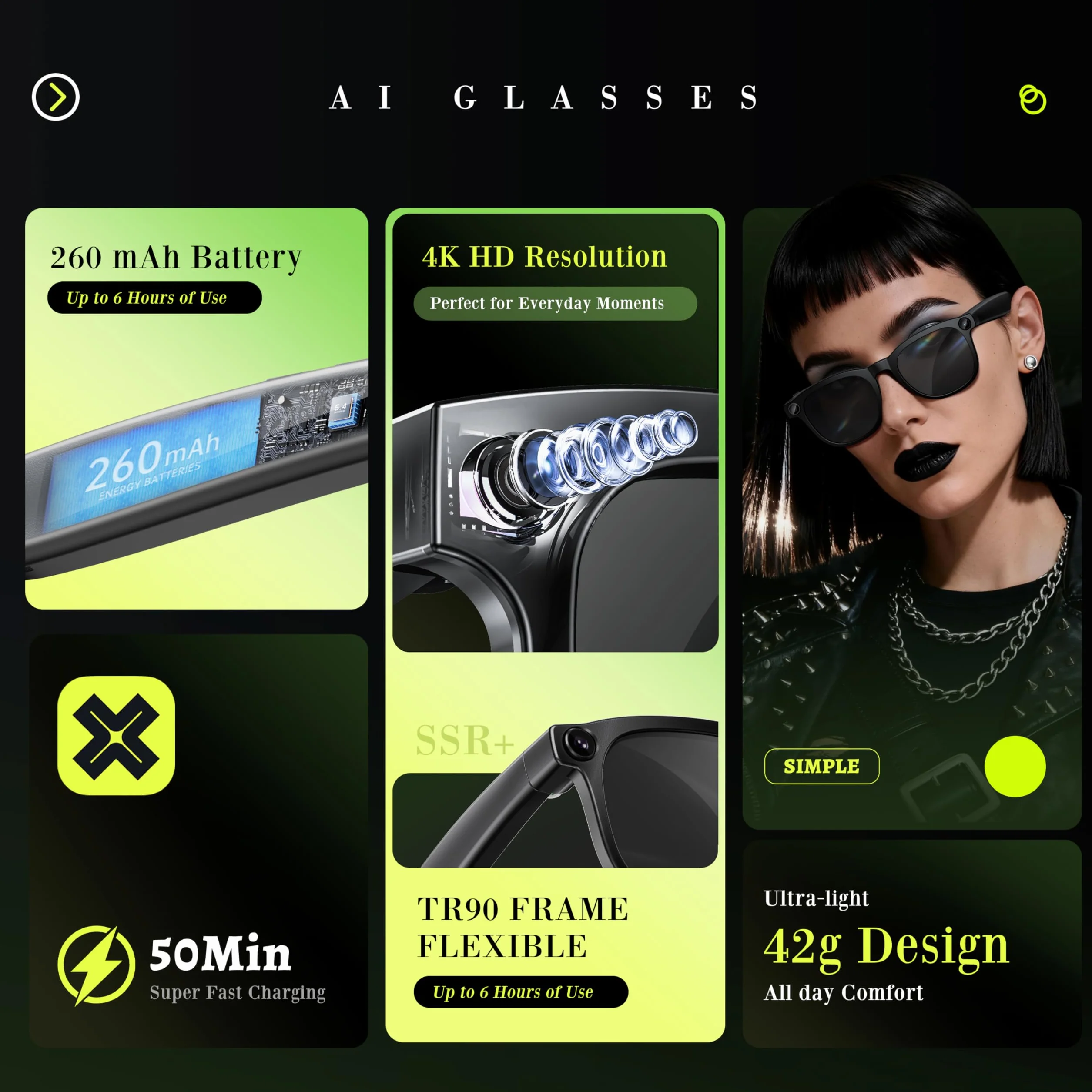 Dernières lunettes intelligentes avec caméra 4K, enregistrement vidéo mains libres, audio à oreille ouverte et connexion Bluetooth pour vlog, conduite, plein air, vie quotidienne, noir