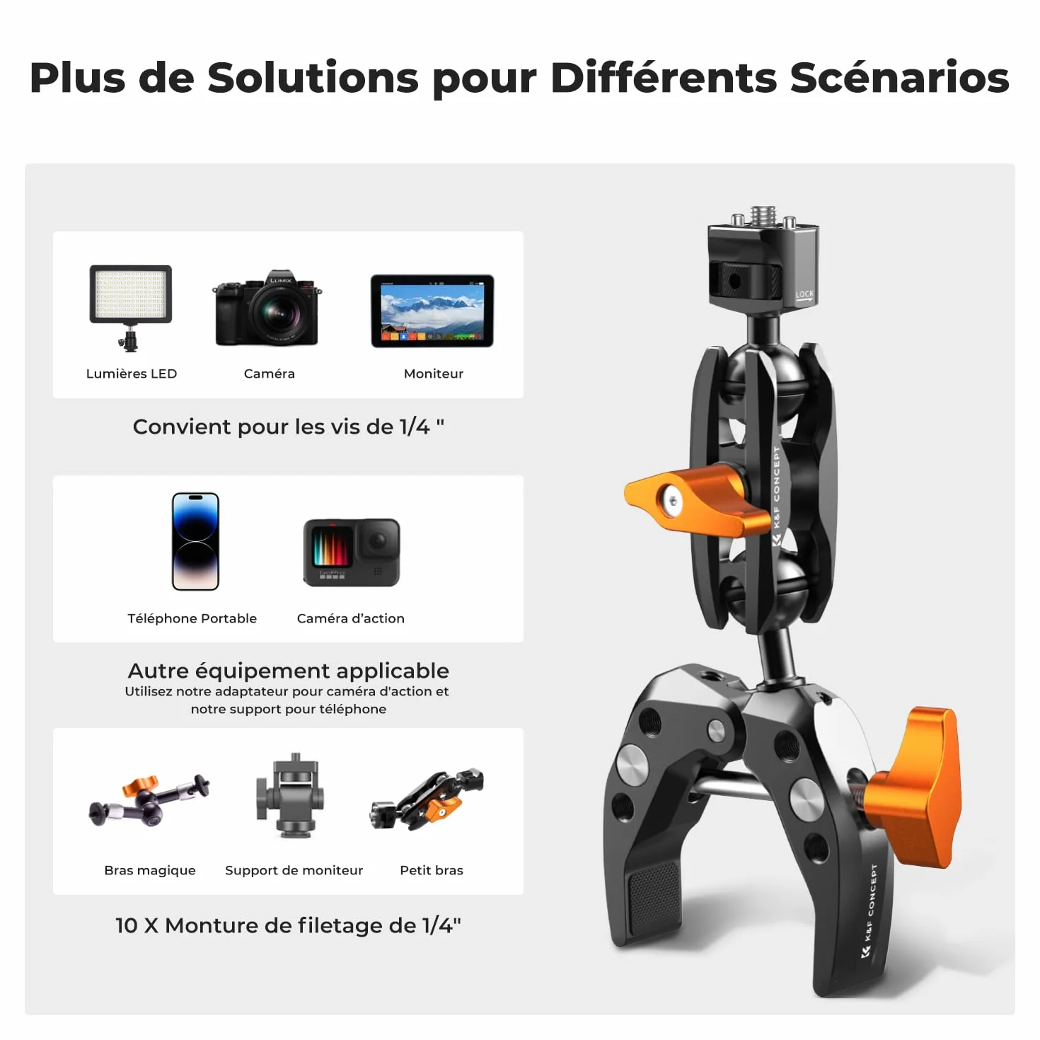 K&F CONCEPT Bras Magique + Pince Super Clamp à Rotule 360° – Support Articulé Multi-Angle avec Filetage 1/4'' et Adaptateur GoPro/Clip Téléphone pour Caméra Photo DSLR Microphone Lumière – M13