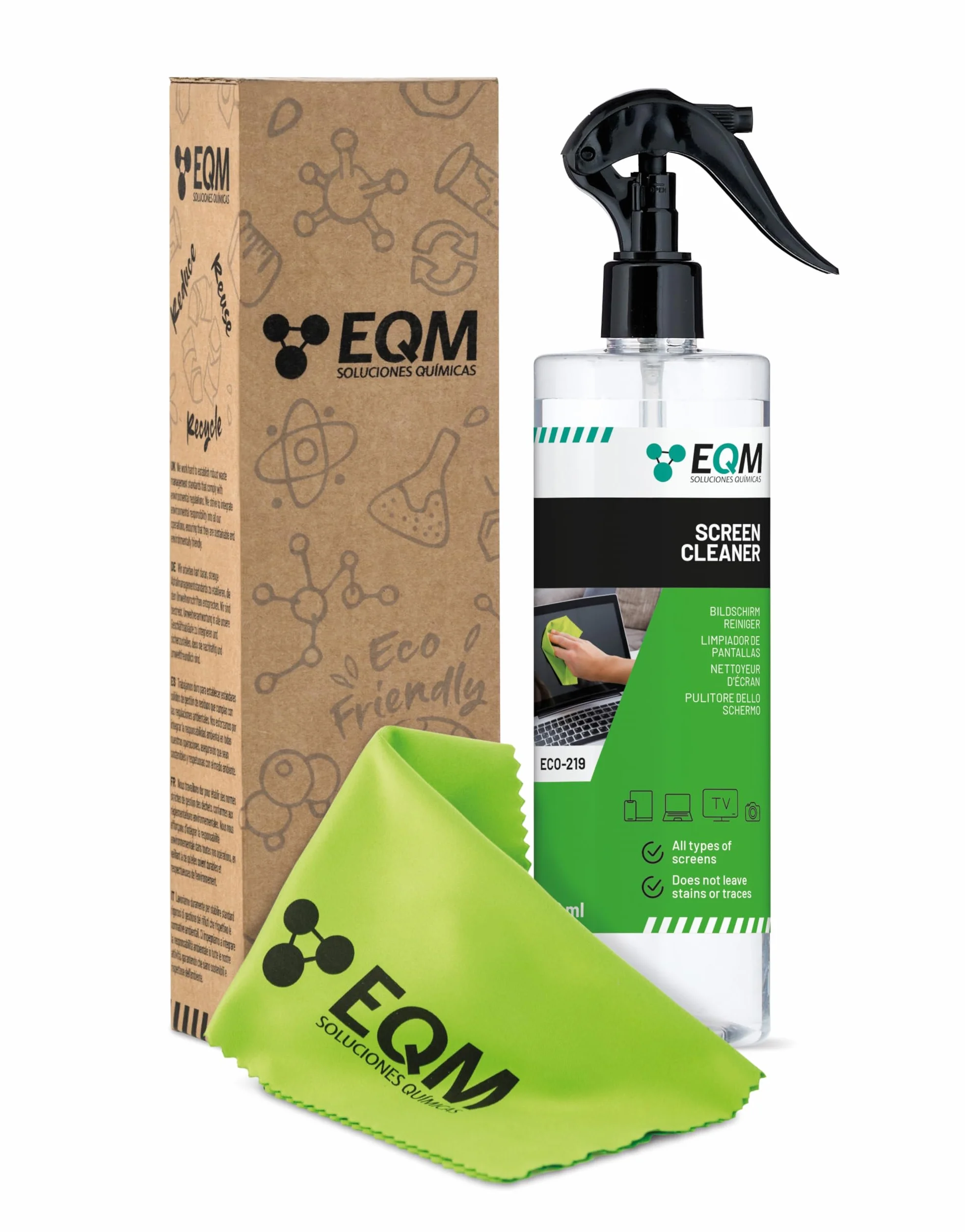 EQM - ECO-219 - Kit Nettoyant Écrans + Chiffon Microfibre - 500 ML - Format Premium - Compatible Tablette, Mobile, Ordinateur Portable, Appareil Photo, LED, OLED