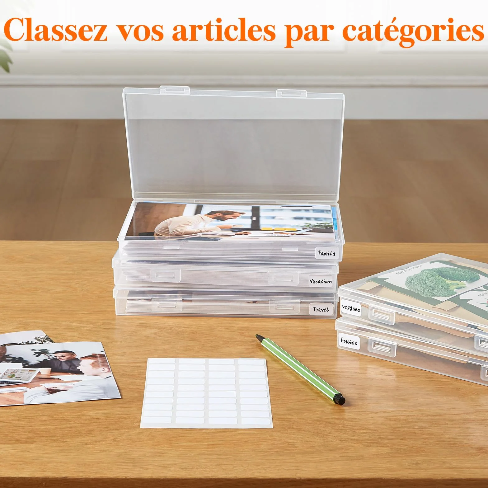 Lifewit Boîte de Rangement Photo 13x18cm 5R, 9 Boîtes Intérieures, Organisateur Photo pour Cartes, Photos, Tampons, Fournitures de Bureau avec 1 Feuille D'étiquettes Autocollante, Transparent, 1 Pièce