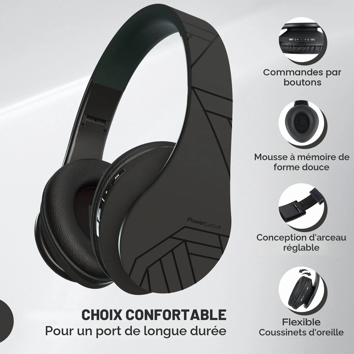 PowerLocus Casque Bluetooth Audio stéréo Pliable sans Fil et Filaire avec Micro intégré, Micro SD/TF, FM pour iPhone/Wiko/Samsung/iPad/PC (Noir)