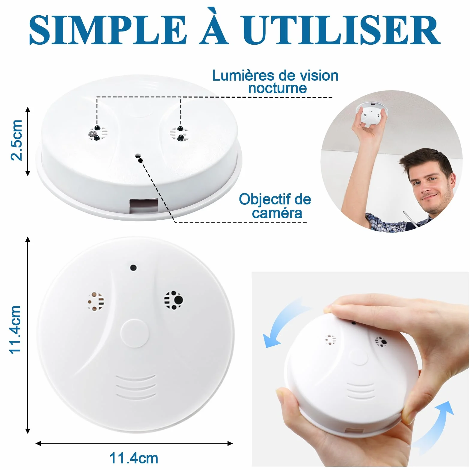 Caméra Cachée WiFi 2,4 et 5G, Caméra Espion WiFi Détecteur de Fumée, Mini Camera Espion Cachée HD 1080P avec Vision Nocturne et Détection de Mouvement pour la Sécurité Domestique