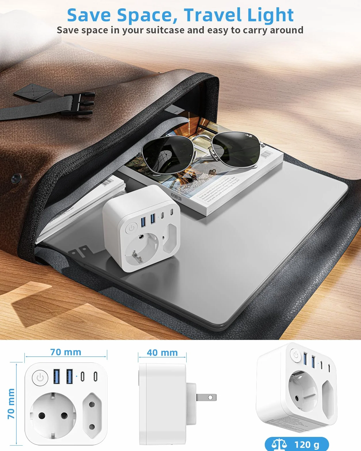 Connecteur de Voyage France Japon 4 Prises USB 2 USB-C Adaptateur Schuko Type A États-Unis Canada Blanc
