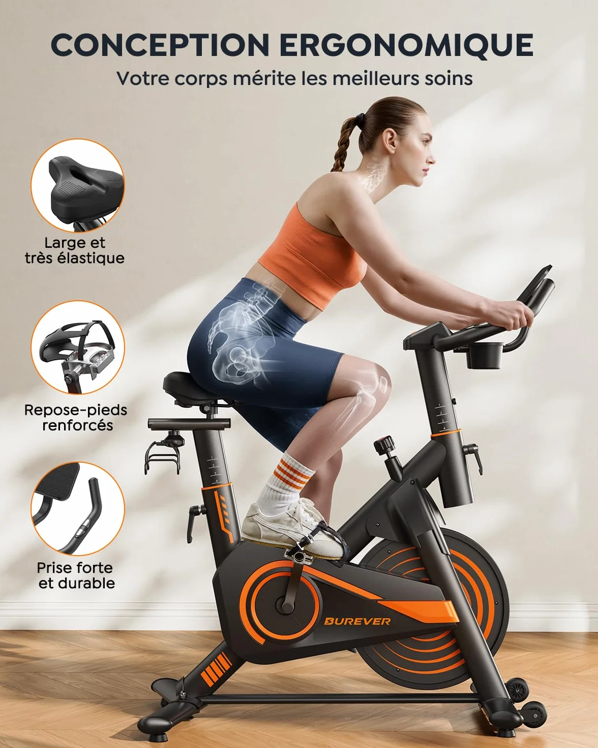 Vélo d'Appartement Connecté APP Ultra-Silencieux, Résistance Magnétique, Volant d'Inertie 15 KG, Capacité 160KG, Écran LCD Fréquence Cardiaque