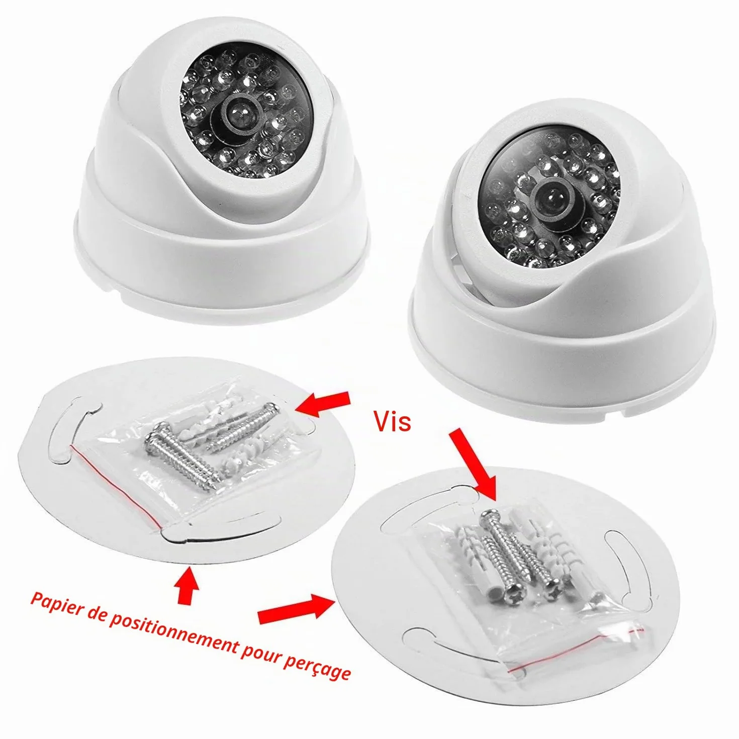 JZK Lot de 2 Fausses caméras de Surveillance dôme avec LED Clignotantes pour la sécurité de la Maison, Blanc