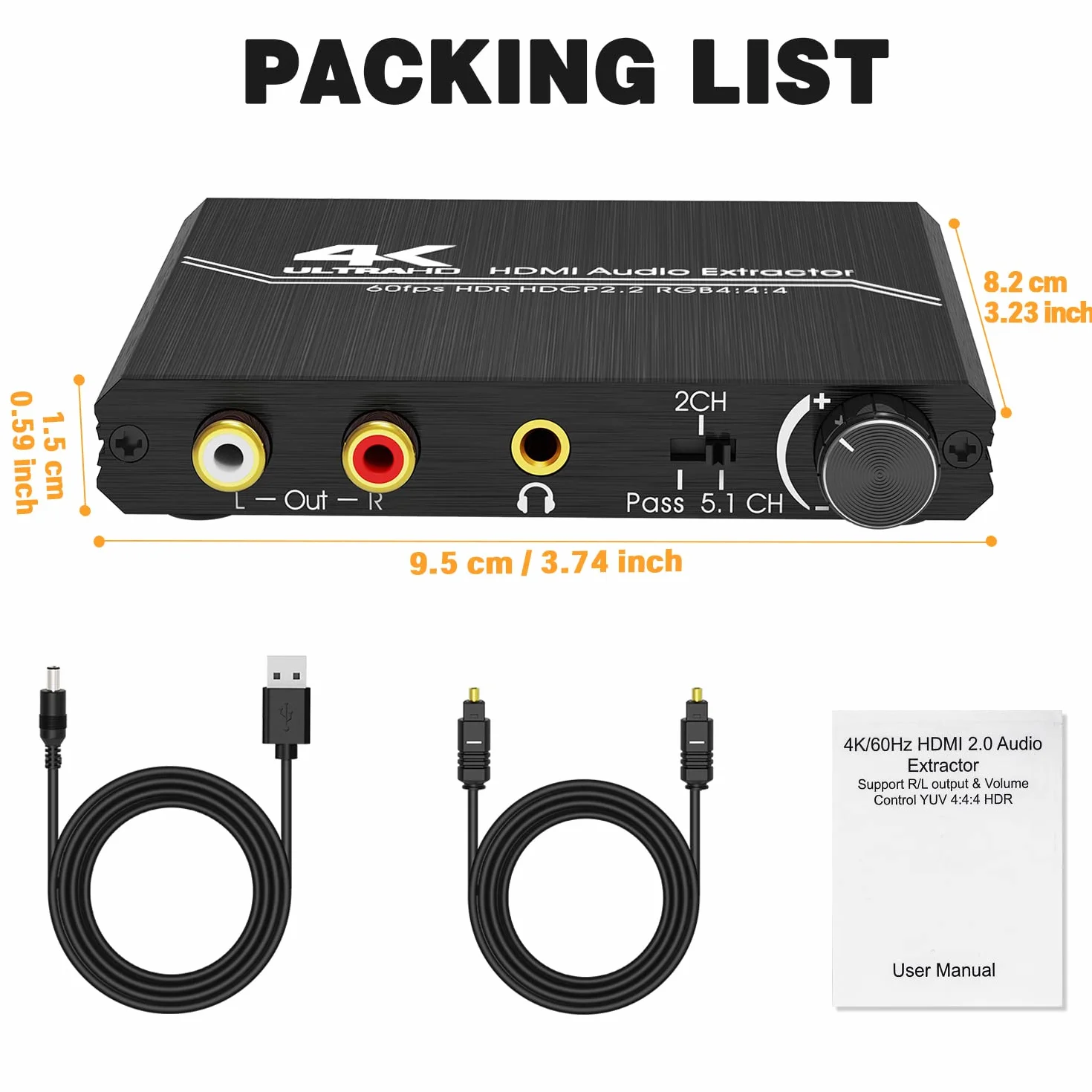 Tendak Extracteur Audio HDMI 2.0 – Répartiteur Audio HDMI 4K vers Spdif Optique 3,5 mm AUX Stéréo RCA L/R Convertisseur Audio avec Contrôle Volume Prise en Charge 4K@60Hz HDCP 2.2 HDR 3D YUV 4:4:4