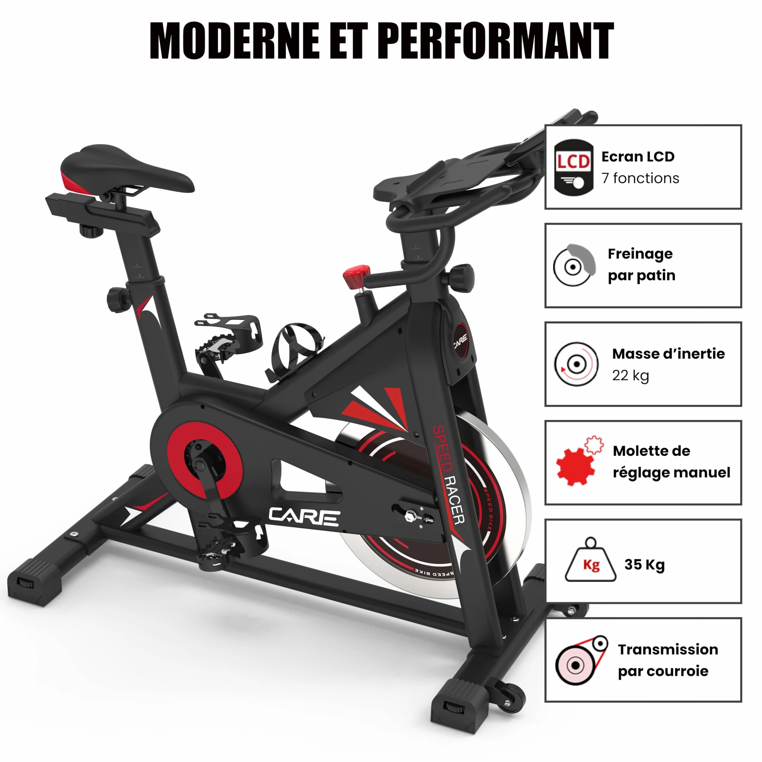 Vélo d'appartement CARE FITNESS Speed racer avec écran LCD 22kg guidon et selle réglable