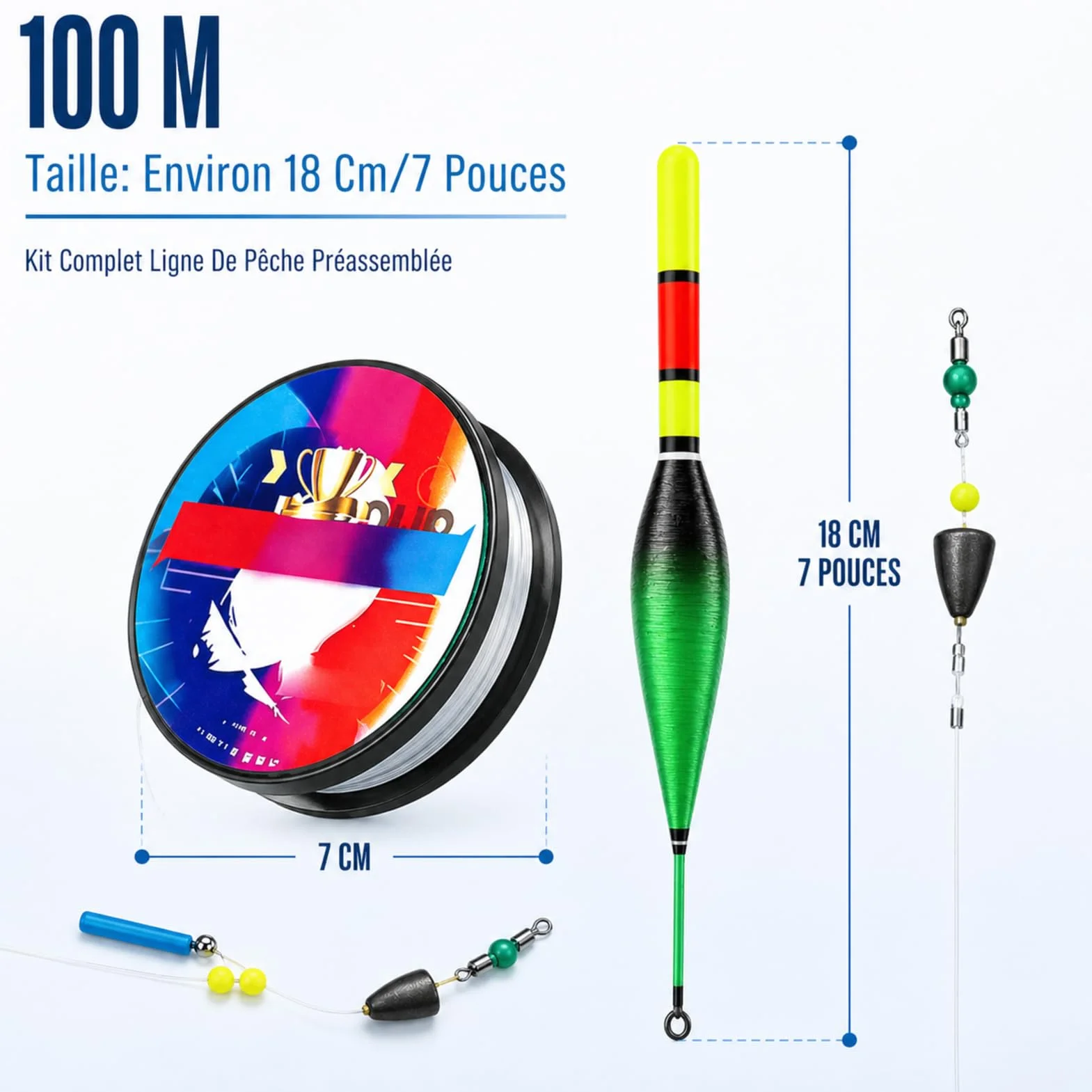 Ensemble De Ligne De Pêche Automatique 100m Pré-Noué avec Flotteur À Changement De Couleur Haute Sensibilité