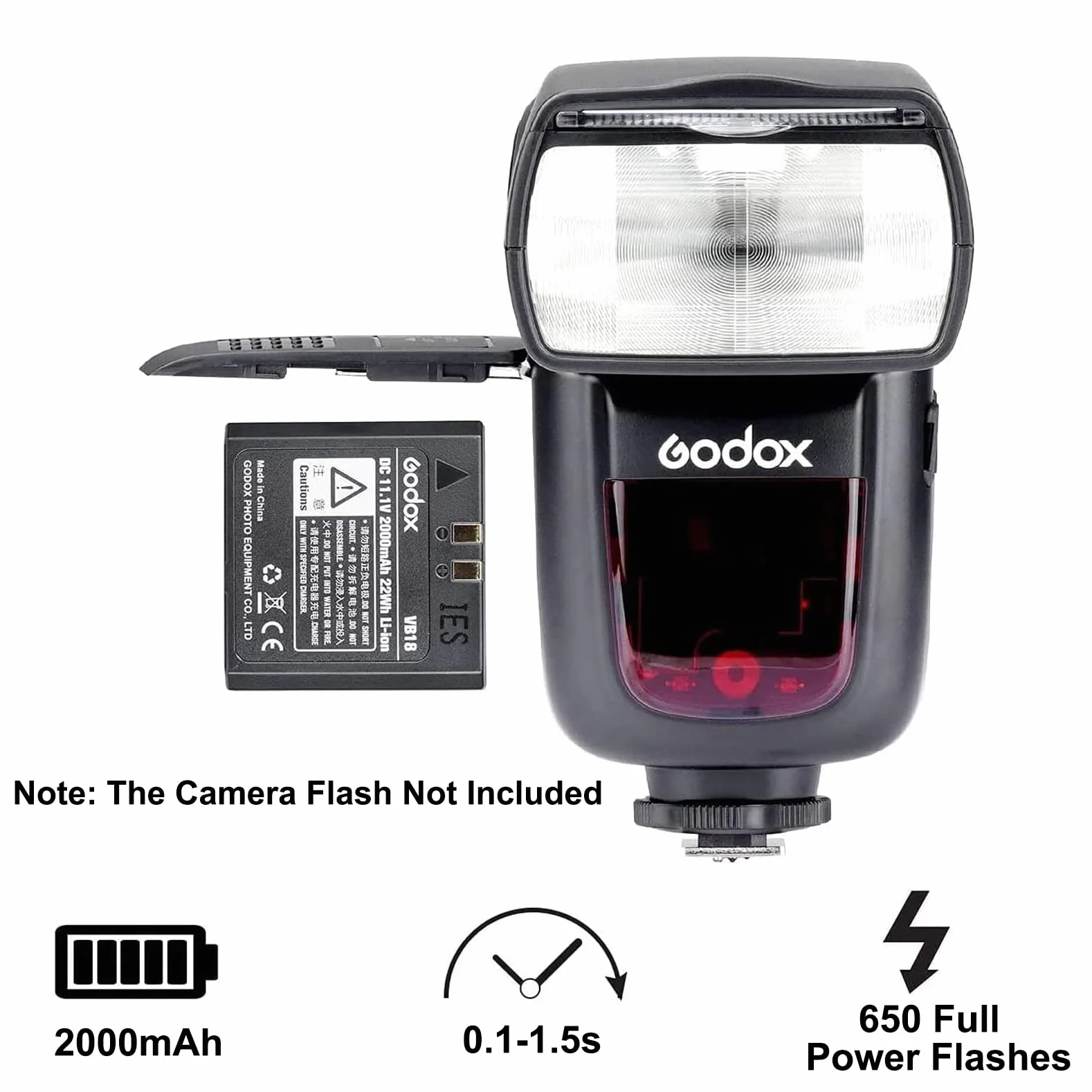 Godox VB18 Batterie au Lithium, Rechargeable Battery pour Godox V860II V850II Caméra Flash Speedlite, 11.1V 2000mAh 650 Times Complet Puissance Rapide Recyclage en 1.5s