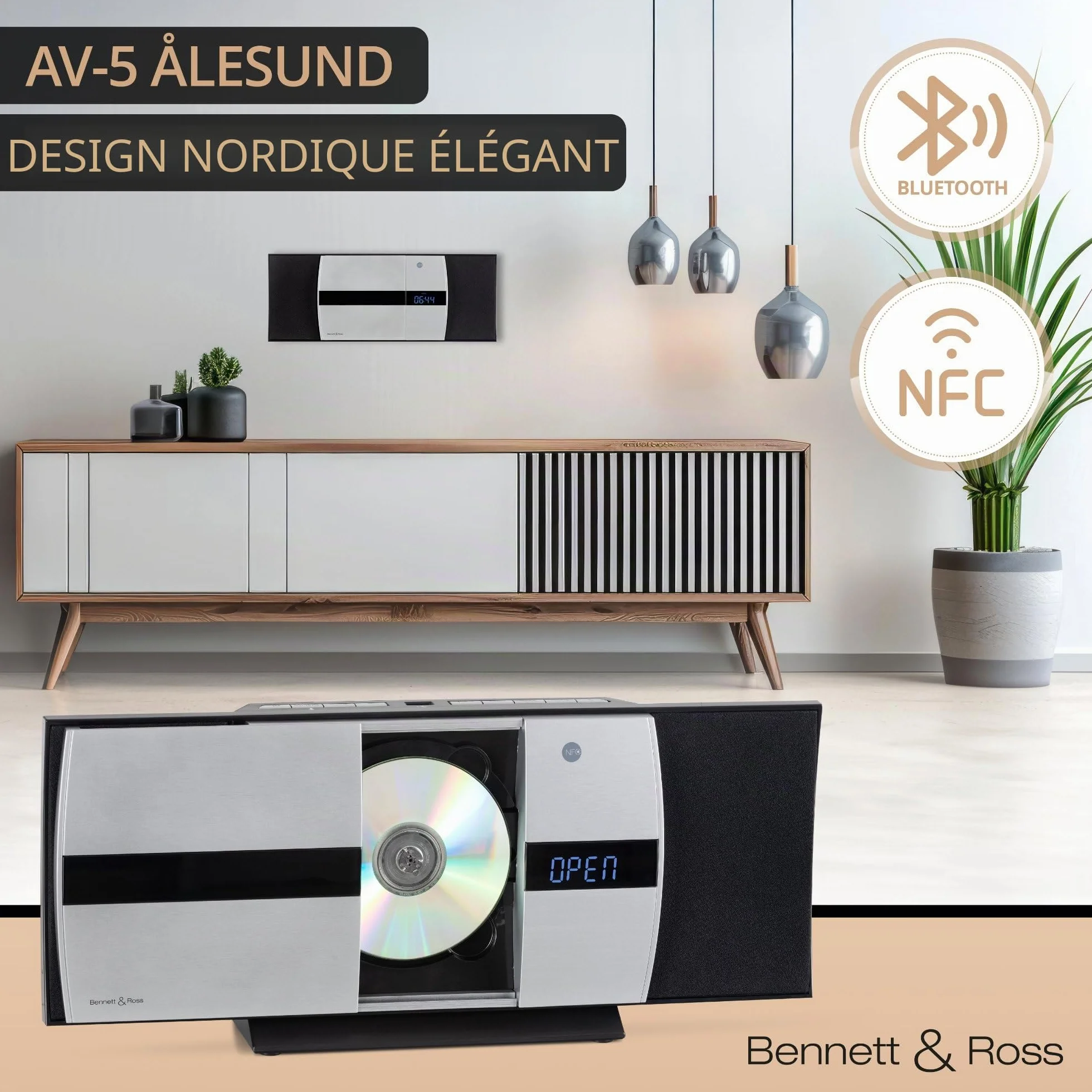 Bennett & Ross Ålesund Microchaîne hi-fi avec lecteur CD, MP3, UKW, USB, Bluetooth NFC - Installation murale ou sur pied - Argenté
