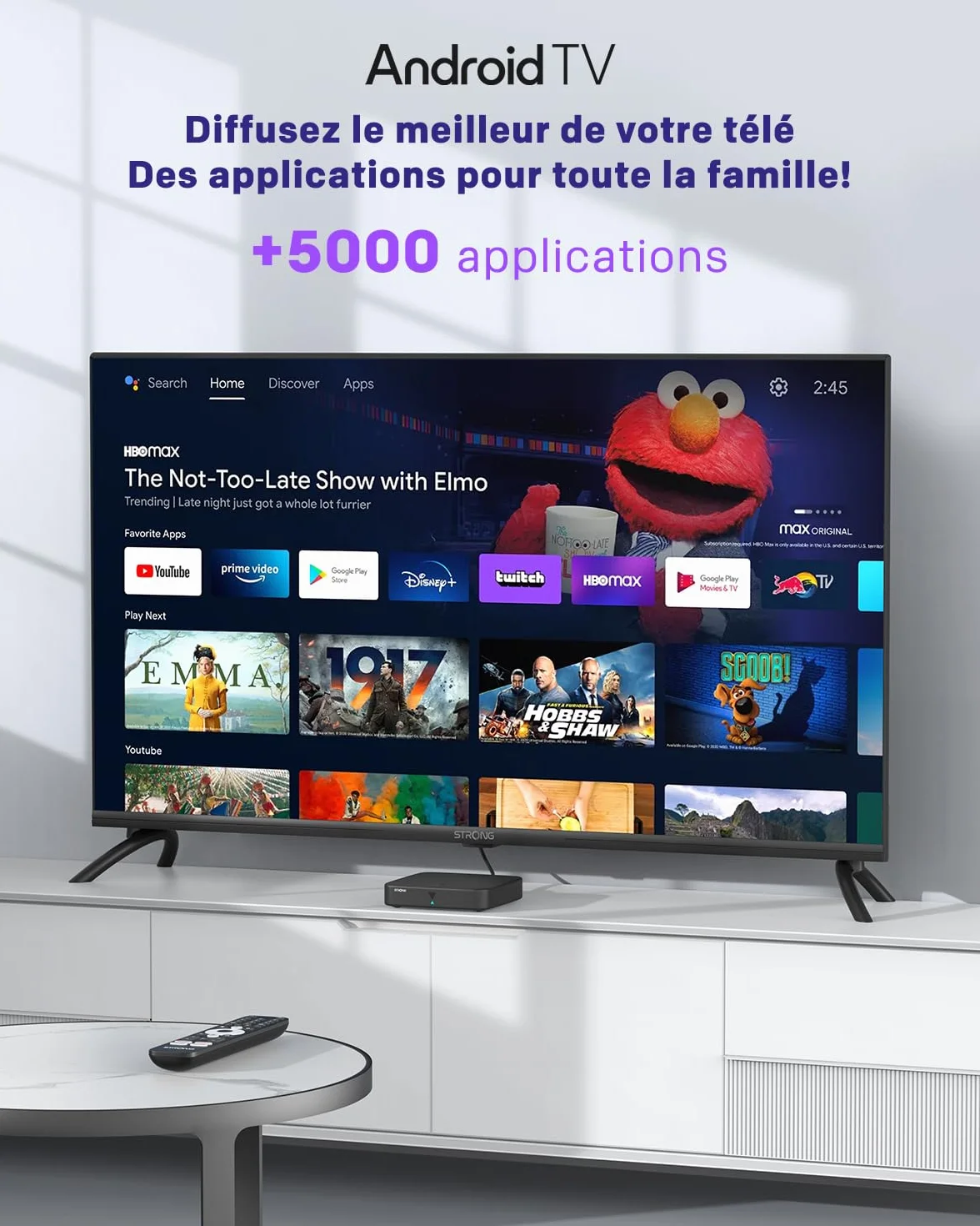 STRONG SRT420 Streaming Box Android TV 4K avec Port Ethernet, DVB-T2, 2GB RAM + 8GB Stockage, Chromecast Intégré, WiFi, Assistant Google Vocal, HDR10+
