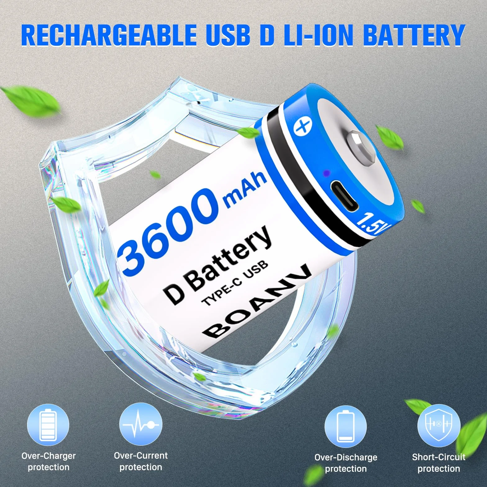 Piles D Rechargeable Lithium,3600mAh BOANV D Batterie Rechargeable avec Câble de Charge USB-C Pile de Remplacement pour Lampe de Poche (Lot de 2)
